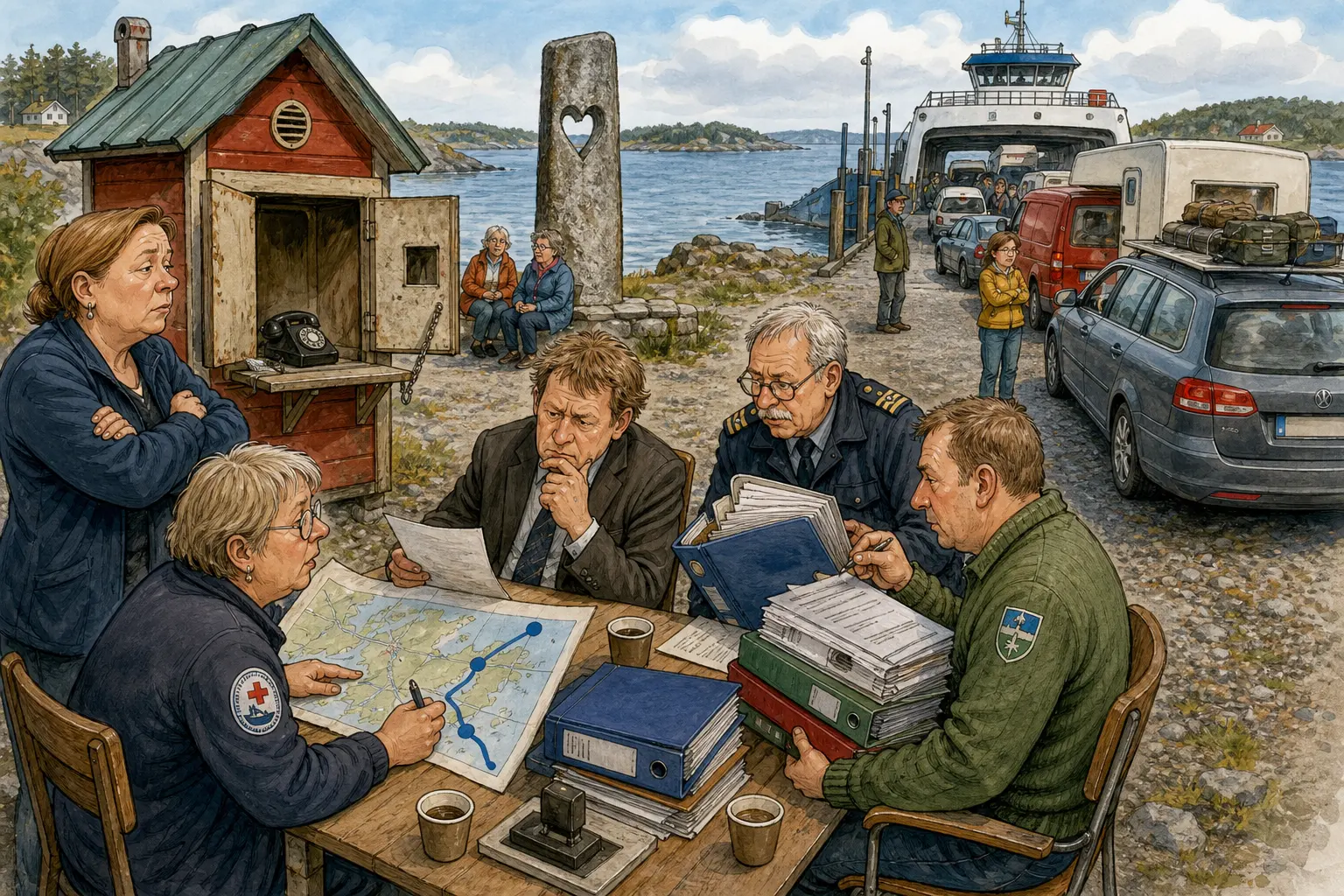 Tegnet hovedmotiv til saken Landgangen fikk tre ansvarsnivå ved ferjeleiet: Tekniske problemer på Bakomberg-ferja har gitt avviksrapport, gebyrvarsel og ei gammel billettluke som må åpnes for et telefonnummer ingen foreløpig skal ringe. Motivet knytter saken til Olava Nøkkeldal, Bakomberg Hjelpekorps for Nestenulykker og Ventelomma med Hjertestolpen.