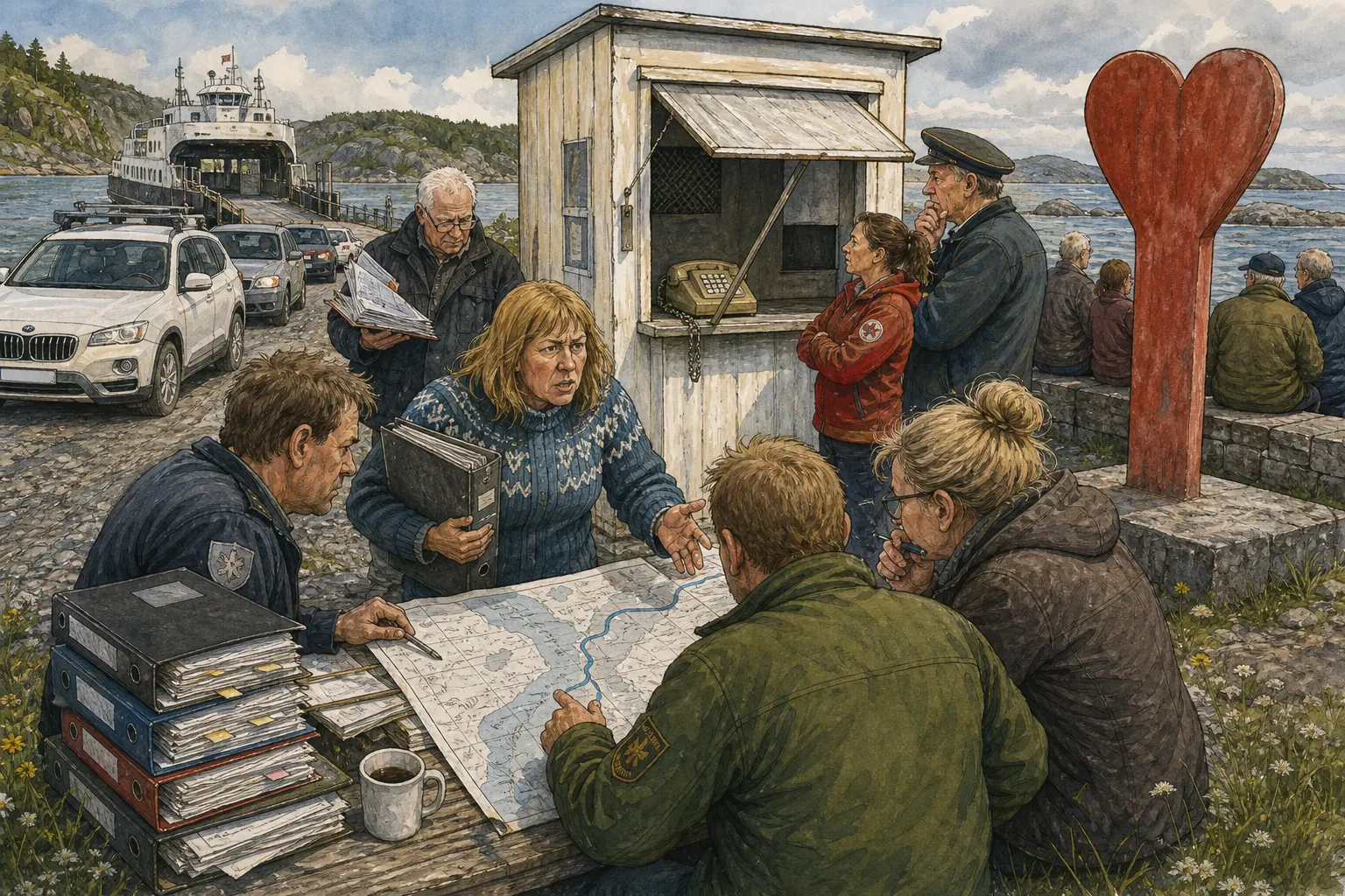 Tegnet støttemotiv til saken Landgangen fikk tre ansvarsnivå ved ferjeleiet: Tekniske problemer på Bakomberg-ferja har gitt avviksrapport, gebyrvarsel og ei gammel billettluke som må åpnes for et telefonnummer ingen foreløpig skal ringe. Motivet knytter saken til Olava Nøkkeldal, Bakomberg Hjelpekorps for Nestenulykker og Ventelomma med Hjertestolpen.
