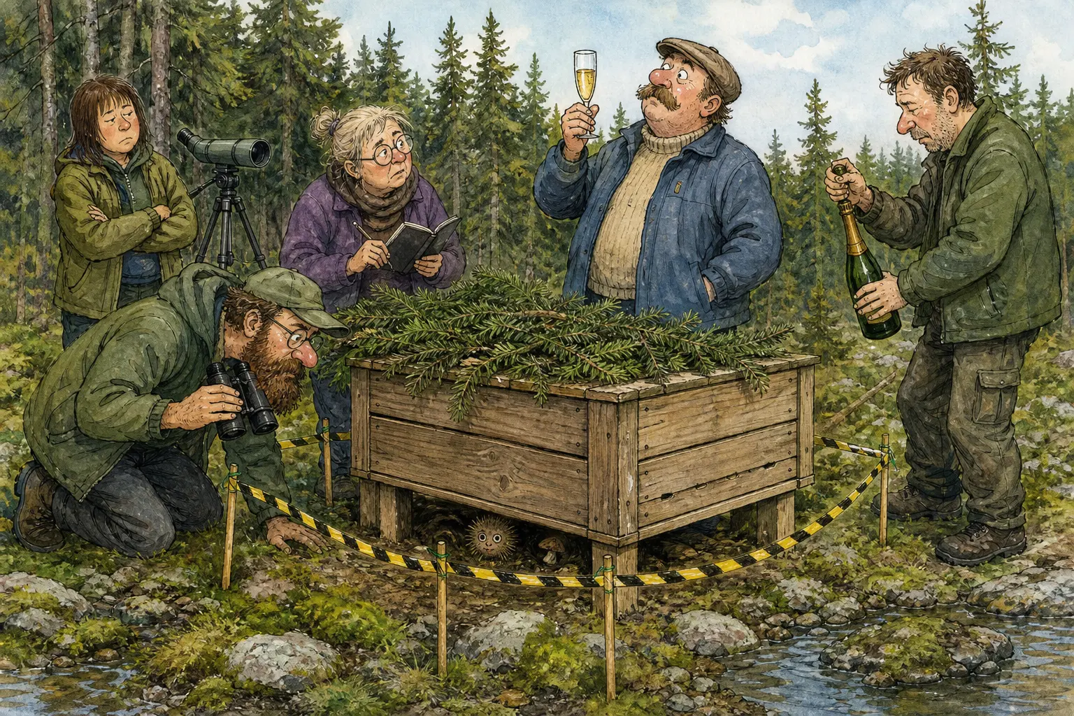 Tegnet hovedmotiv til saken Vernekassa ble nytt svensk funnsted: Svenske fagfolk fant en ny art i skogen. Motivet knytter saken til Askel Humlebrekk, Skrumålet Juster- og Avvikshandel og Bakomberg Hagelag for Hardføre Planter og Såre Følelser.