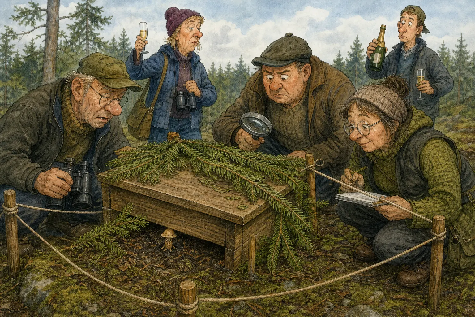 Tegnet støttemotiv til saken Vernekassa ble nytt svensk funnsted: Svenske fagfolk fant en ny art i skogen. Motivet knytter saken til Askel Humlebrekk, Skrumålet Juster- og Avvikshandel og Bakomberg Hagelag for Hardføre Planter og Såre Følelser.
