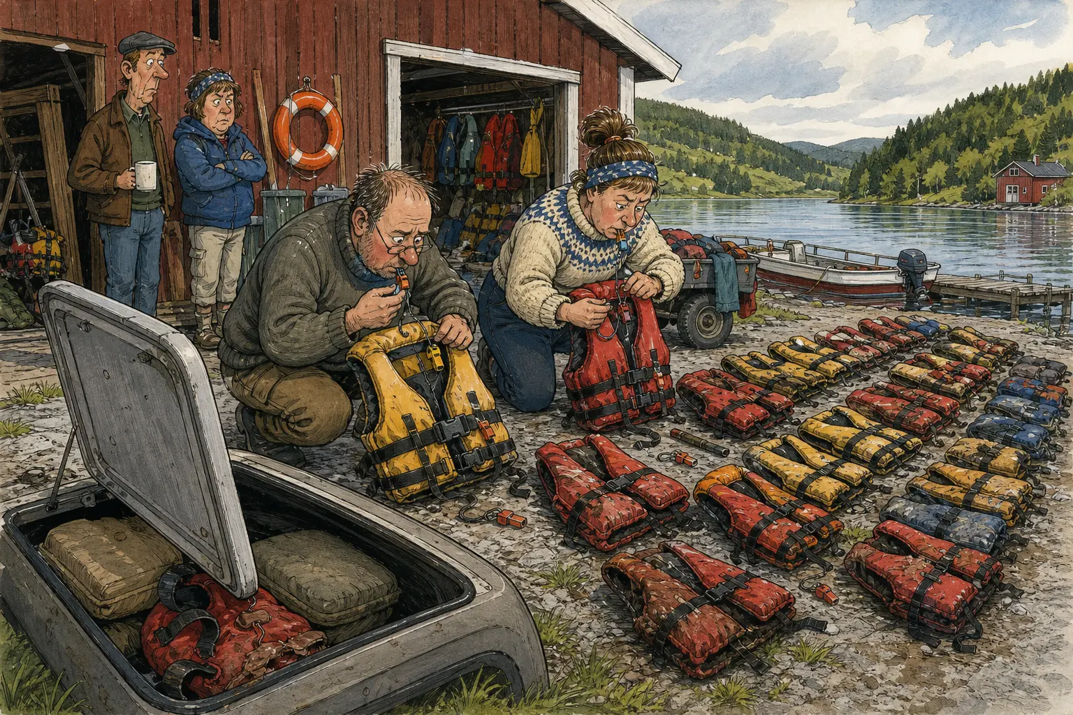 Tegnet hovedmotiv til saken Fant 17 redningsvester som nesten var med: Bakomberg Hjelpekorps for Nestenulykker vil sjekke spenner, passform og fløyte på redningsvester som hittil har ligget i båtbuer, biler og under sitteputer med god samvittighet. Motivet knytter saken til Askel Humlebrekk, Solfrid Hjellbrekke og Dampgløttet bak Vaskeribygget.