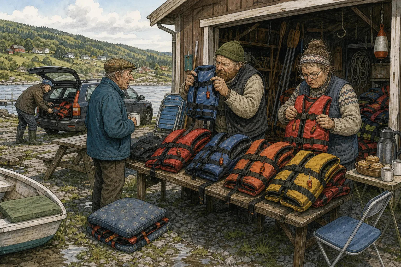 Tegnet støttemotiv til saken Fant 17 redningsvester som nesten var med: Bakomberg Hjelpekorps for Nestenulykker vil sjekke spenner, passform og fløyte på redningsvester som hittil har ligget i båtbuer, biler og under sitteputer med god samvittighet. Motivet knytter saken til Askel Humlebrekk, Solfrid Hjellbrekke og Dampgløttet bak Vaskeribygget.