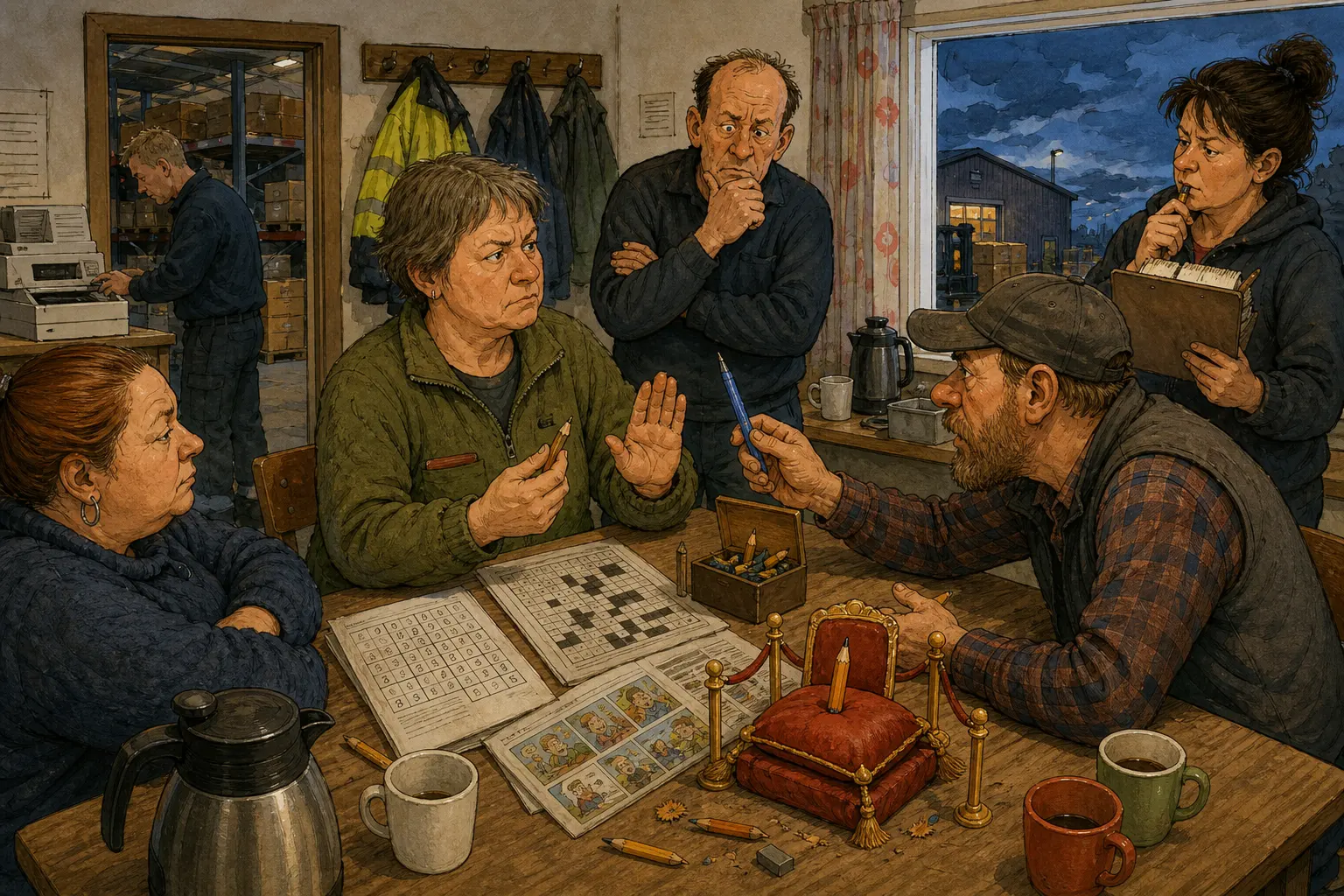 Tegnet hovedmotiv til saken Sudoku ga blyanturo på Kveldskvisten: Kveldsskiftet ved Kveldskvisten Lager & Nøkkelvakt har fått mindre småprat ved etikettprinteren, men mer varsom uro rundt ei krøllete avisside, en stump blyant og retten til å bruke.