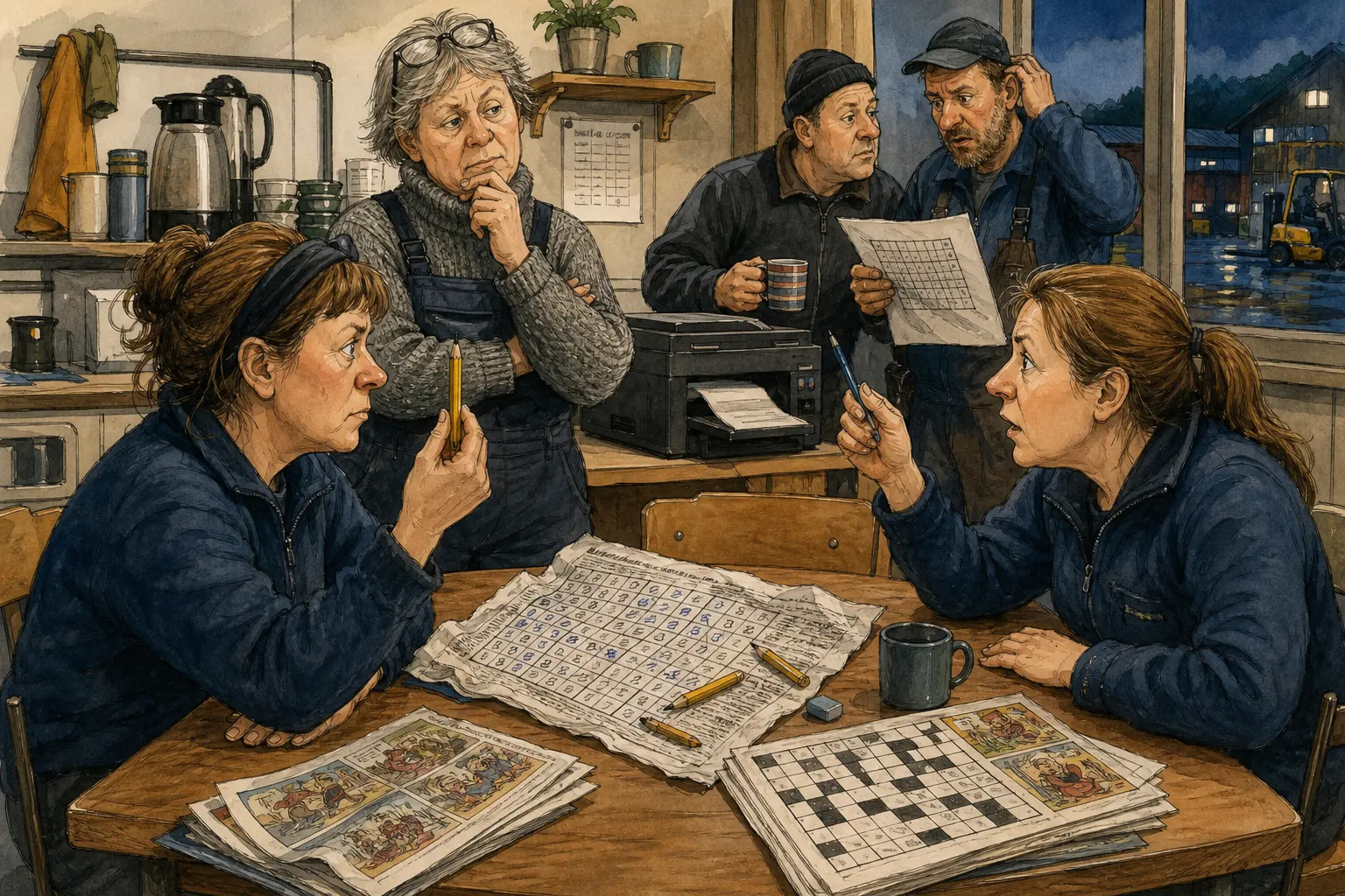 Tegnet støttemotiv til saken Sudoku ga blyanturo på Kveldskvisten: Kveldsskiftet ved Kveldskvisten Lager & Nøkkelvakt har fått mindre småprat ved etikettprinteren, men mer varsom uro rundt ei krøllete avisside, en stump blyant og retten til å bruke.
