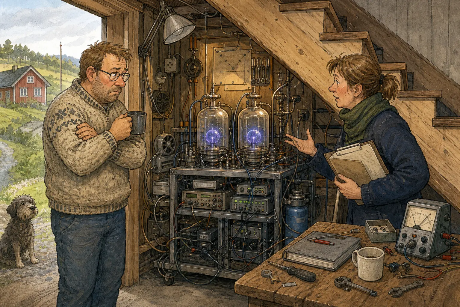 Tegnet hovedmotiv til saken Kvantesensor kan få plass under trappa: ScienceDaily Engineering omtaler et kvantesensor-gjennombrudd der to ultrakalde atomskyer kan hente fram signaler som drukner i målebråk. Motivet knytter saken til Mellomromsmagasinet ved Brustadbakken, Bjarte Slåtten og Solveig Pallesen.