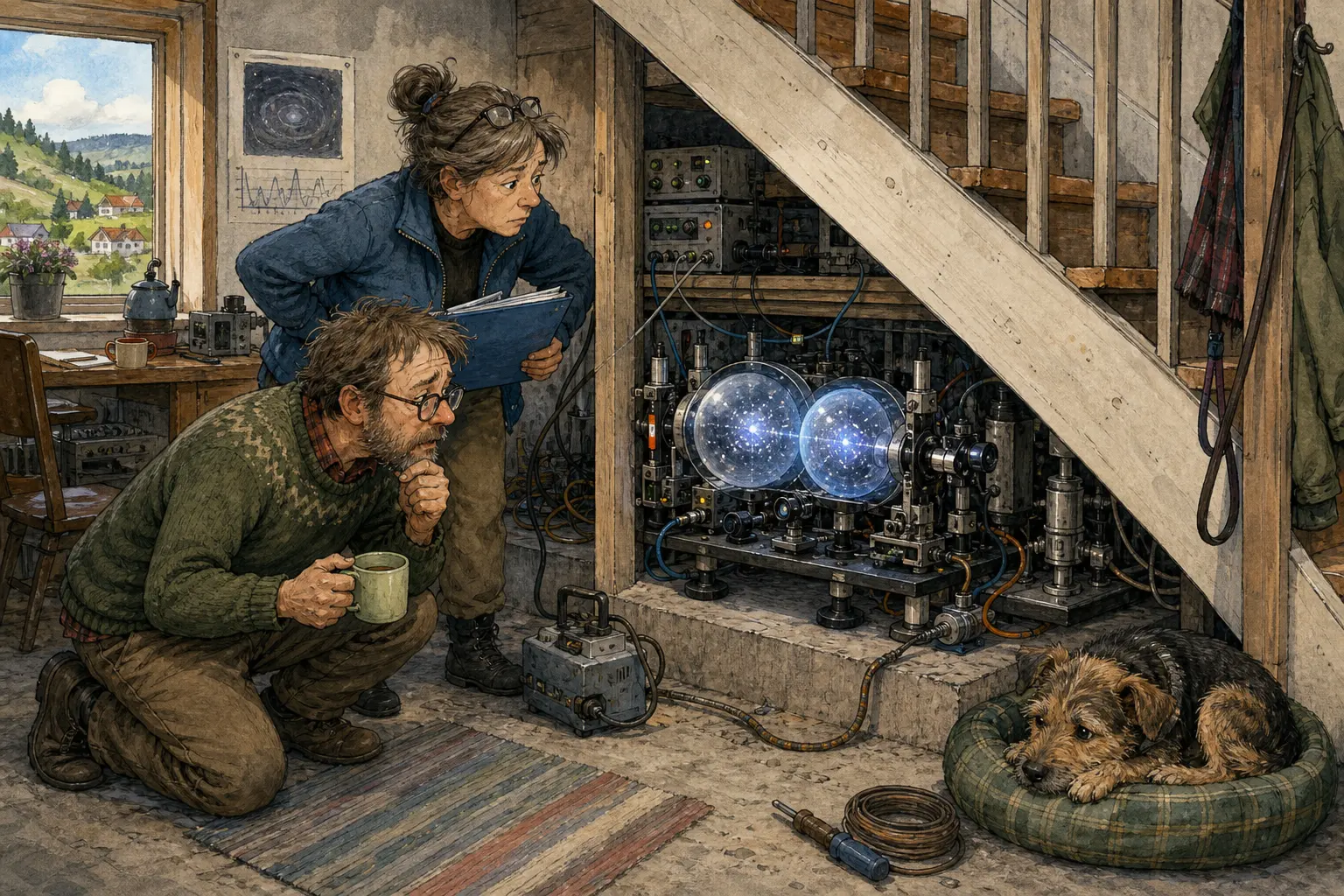 Tegnet støttemotiv til saken Kvantesensor kan få plass under trappa: ScienceDaily Engineering omtaler et kvantesensor-gjennombrudd der to ultrakalde atomskyer kan hente fram signaler som drukner i målebråk. Motivet knytter saken til Mellomromsmagasinet ved Brustadbakken, Bjarte Slåtten og Solveig Pallesen.