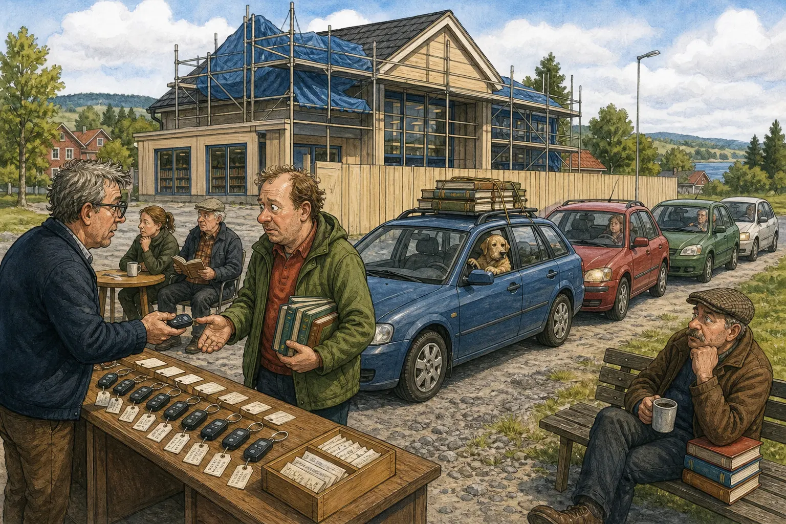 Tegnet støttemotiv til saken Bombrikka ga bilene utlånstid ved svensk bibliotek: Et svensk bibliotekhus mistet rundt femti parkeringsplasser under renovering. Motivet knytter saken til Åsmund Klinke, Kaffekroken ved Pumpehuset og Stempelstova Kopi & Klagemål.