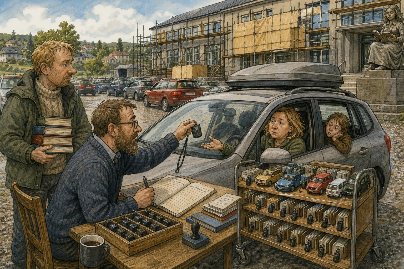 Tegnet hovedmotiv til saken Bombrikka ga bilene utlånstid ved svensk bibliotek: Et svensk bibliotekhus mistet rundt femti parkeringsplasser under renovering. Motivet knytter saken til Åsmund Klinke, Kaffekroken ved Pumpehuset og Stempelstova Kopi & Klagemål.