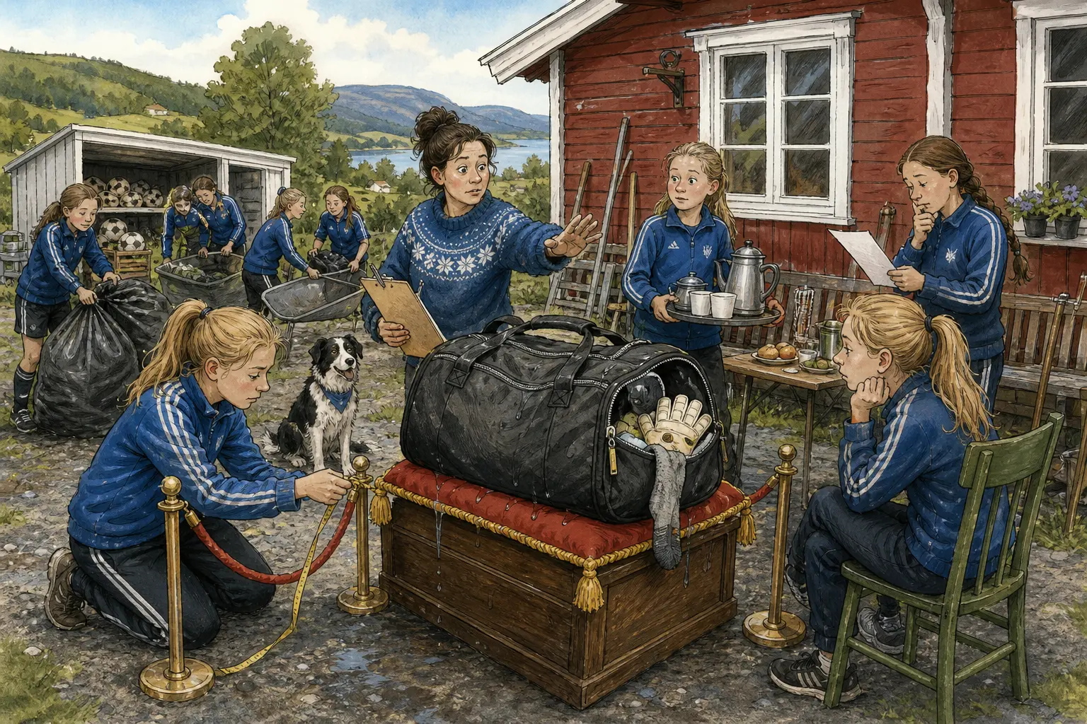 Tegnet hovedmotiv til saken Cupprisen gikk ned, men draktbagen står igjen: Flere spillere kan bli med på sommercup etter rydding, vakter og småjobber. Motivet knytter saken til Ragna Mildrid Sætermo, Returbenken bak Herredshuset og Bakomberg Hundelag for Korte Avstander.