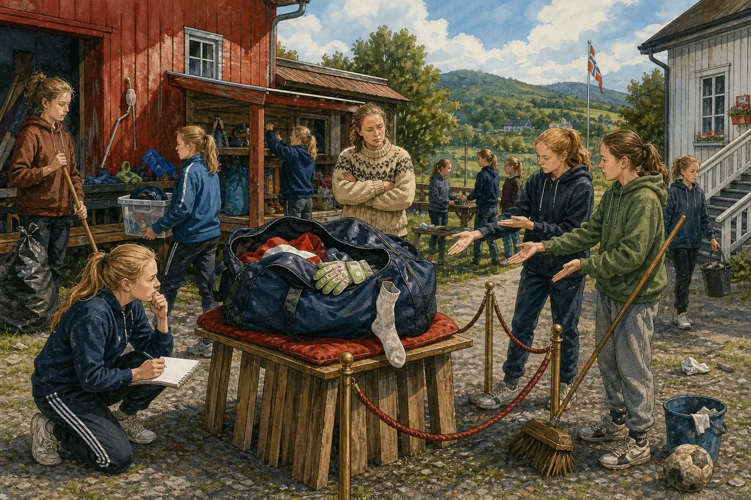 Tegnet støttemotiv til saken Cupprisen gikk ned, men draktbagen står igjen: Flere spillere kan bli med på sommercup etter rydding, vakter og småjobber. Motivet knytter saken til Ragna Mildrid Sætermo, Returbenken bak Herredshuset og Bakomberg Hundelag for Korte Avstander.