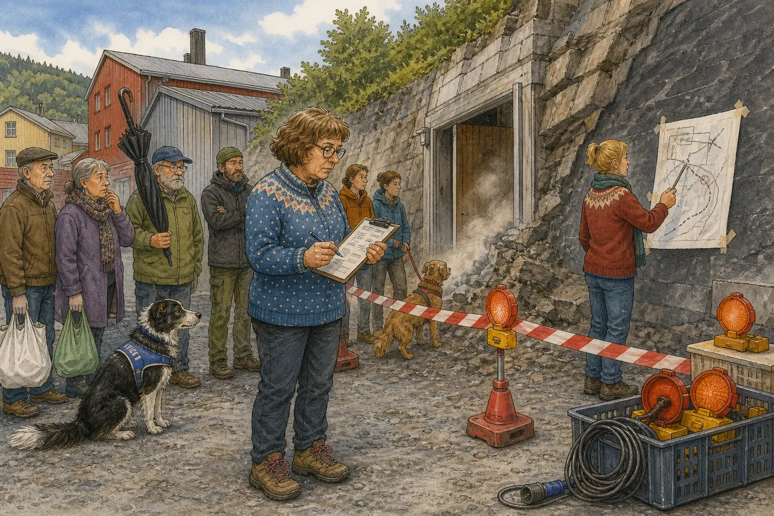 Tegnet støttemotiv til saken Evakueringsfløyta gikk ved nesten røyk i Krittgangen: Kalkstøv fra den gamle støttemuren vart tolket som mulig røykutvikling. Motivet knytter saken til Mildrid Klyvnes, Krittgangen bak Servicekvartalet og Kaffekjelen som Piper.