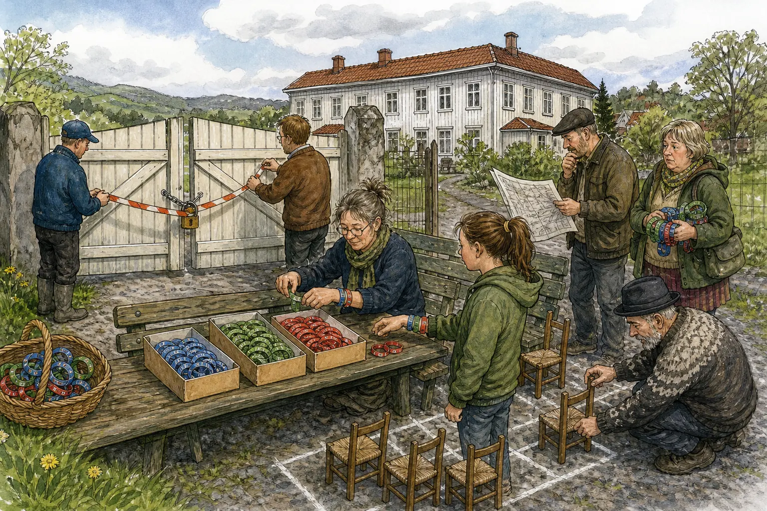 Tegnet hovedmotiv til saken Armbåndrekord før porten åpnet: Bakomberg ville lære av svensk besøksrekord i kulturpark. Motivet knytter saken til Mellomromsmagasinet ved Brustadbakken, Solfrid Hjellbrekke og Returbenken bak Herredshuset.