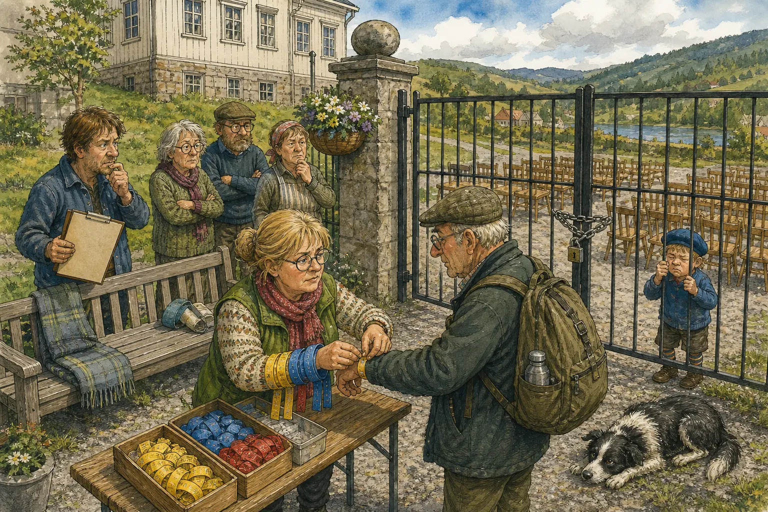 Tegnet støttemotiv til saken Armbåndrekord før porten åpnet: Bakomberg ville lære av svensk besøksrekord i kulturpark. Motivet knytter saken til Mellomromsmagasinet ved Brustadbakken, Solfrid Hjellbrekke og Returbenken bak Herredshuset.