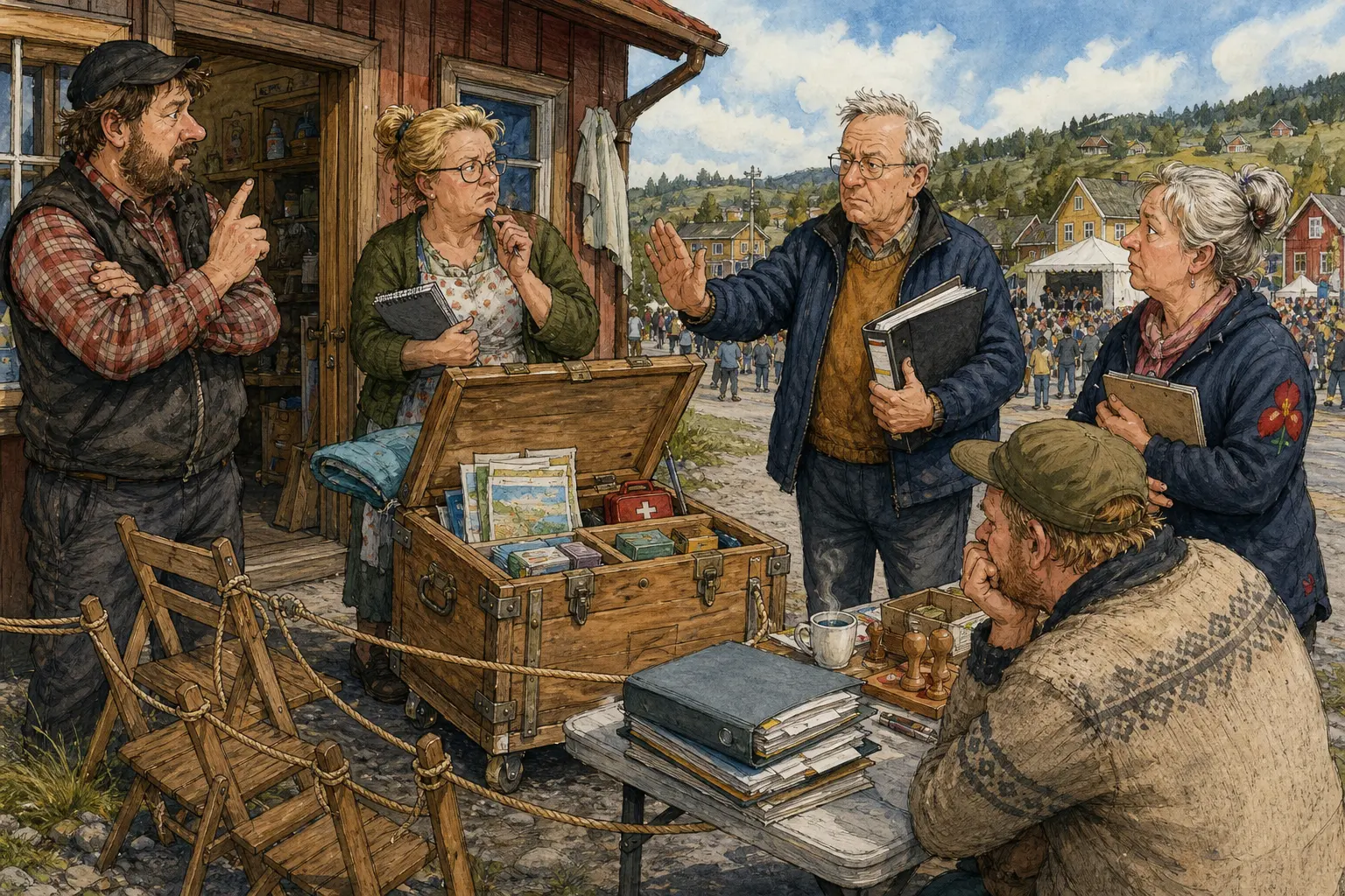 Tegnet hovedmotiv til saken Velkomstkasse skal ta imot gjester før ansvaret er helt åpnet: Arrangementsgjester kan gi handel, liv og litt mer alvor i sentrum. Motivet knytter saken til Åsmund Klinke, Snillstempelboden på Klinken og Gunhild Råkeby.