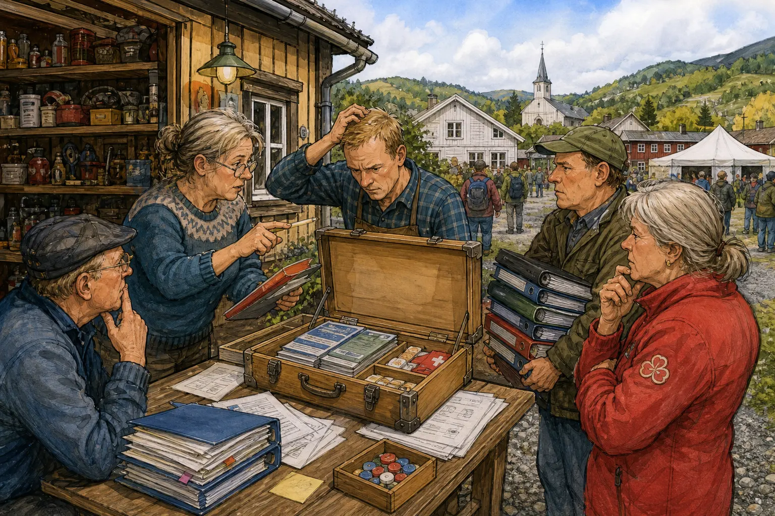 Tegnet støttemotiv til saken Velkomstkasse skal ta imot gjester før ansvaret er helt åpnet: Arrangementsgjester kan gi handel, liv og litt mer alvor i sentrum. Motivet knytter saken til Åsmund Klinke, Snillstempelboden på Klinken og Gunhild Råkeby.