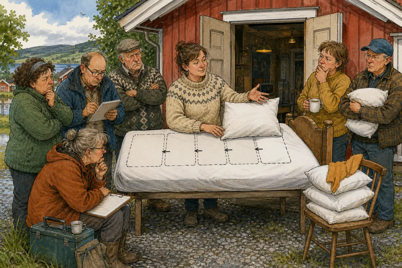 Tegnet hovedmotiv til saken Torill flyttet hodeputa fire hakk: Torill Myrseth sier puta lå feil for hennes kropp og seng.