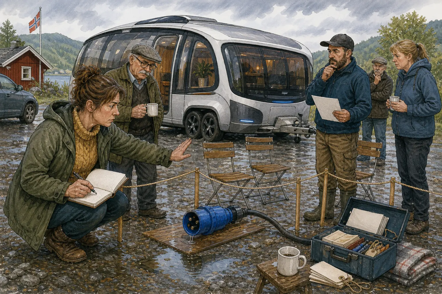 Tegnet hovedmotiv til saken Blå CEE-plugg kan bli første hinder for sjølhjelpende campingvogn: Når ei motorisert campingvogn skal lade, manøvrere og forstå plassen sjøl, må Rakel Stubbmoen vite hvem som svarer når alt virker riktig, men kabelen drypper.