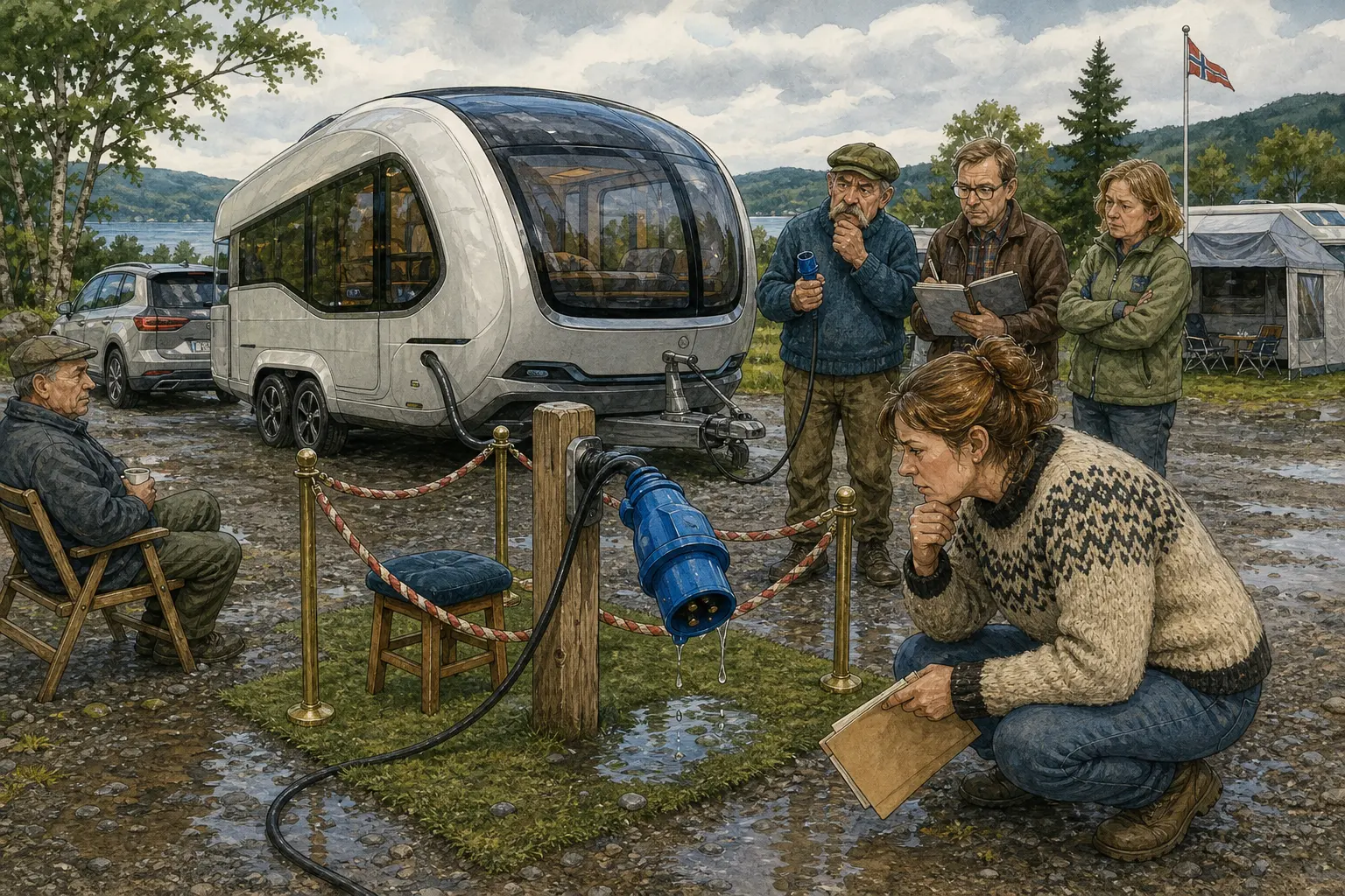 Tegnet støttemotiv til saken Blå CEE-plugg kan bli første hinder for sjølhjelpende campingvogn: Når ei motorisert campingvogn skal lade, manøvrere og forstå plassen sjøl, må Rakel Stubbmoen vite hvem som svarer når alt virker riktig, men kabelen drypper.