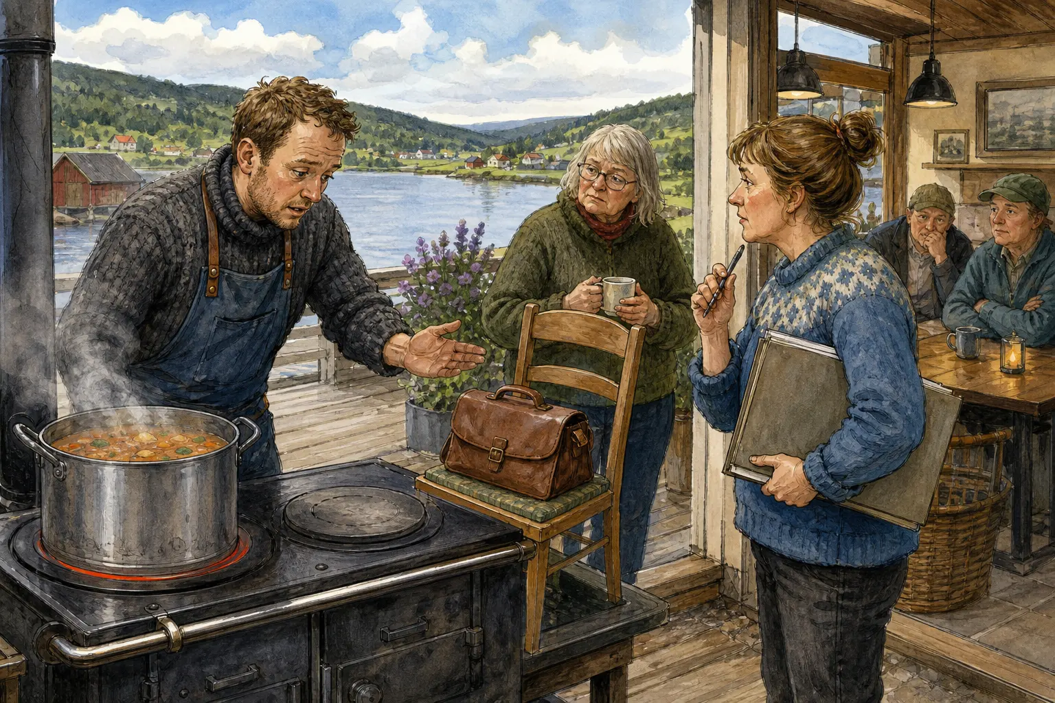 Tegnet hovedmotiv til saken Skrattkomfyren gir venstre bluss mer ansvar: Tre måneder etter oppstart varsler Skrattkomfyren Kafé & Middagsro planer ut året.