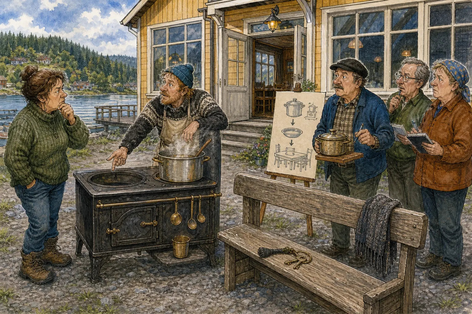 Tegnet støttemotiv til saken Skrattkomfyren gir venstre bluss mer ansvar: Tre måneder etter oppstart varsler Skrattkomfyren Kafé & Middagsro planer ut året.