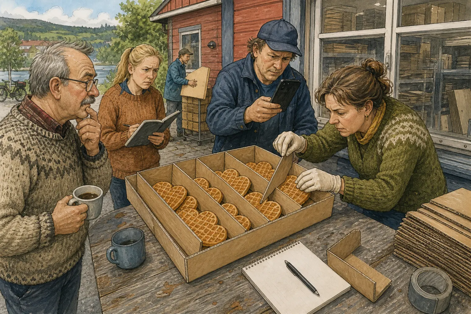Tegnet støttemotiv til saken Vaffelhjerter fikk pappskiller for å hjelpe kaloriapp: Ei vanlig kaffestund ved Bibliotekveggen ble til porsjonskontroll da en AI-basert kaloriapp ikke fikk vaffelen til å stemme med bildet. Motivet knytter saken til Bjarte Lunheim, Varmrista ved Bibliotekveggen og Bakomberg Hverdagsberedskapslag.