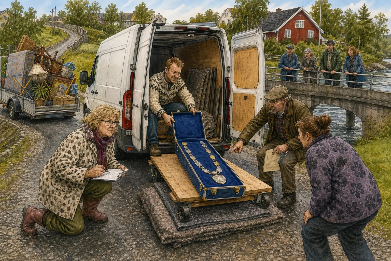 Tegnet støttemotiv til saken Ordførerkjedets blå etui prøvesatt i budbil: En innflytter som kom med flyttelass for femten år sia, kan bli ordførerkandidat. Motivet knytter saken til Henny «Halvpris» Skruvold, Varmrista ved Bibliotekveggen og Bærebrått Bud & Bortforklaring.