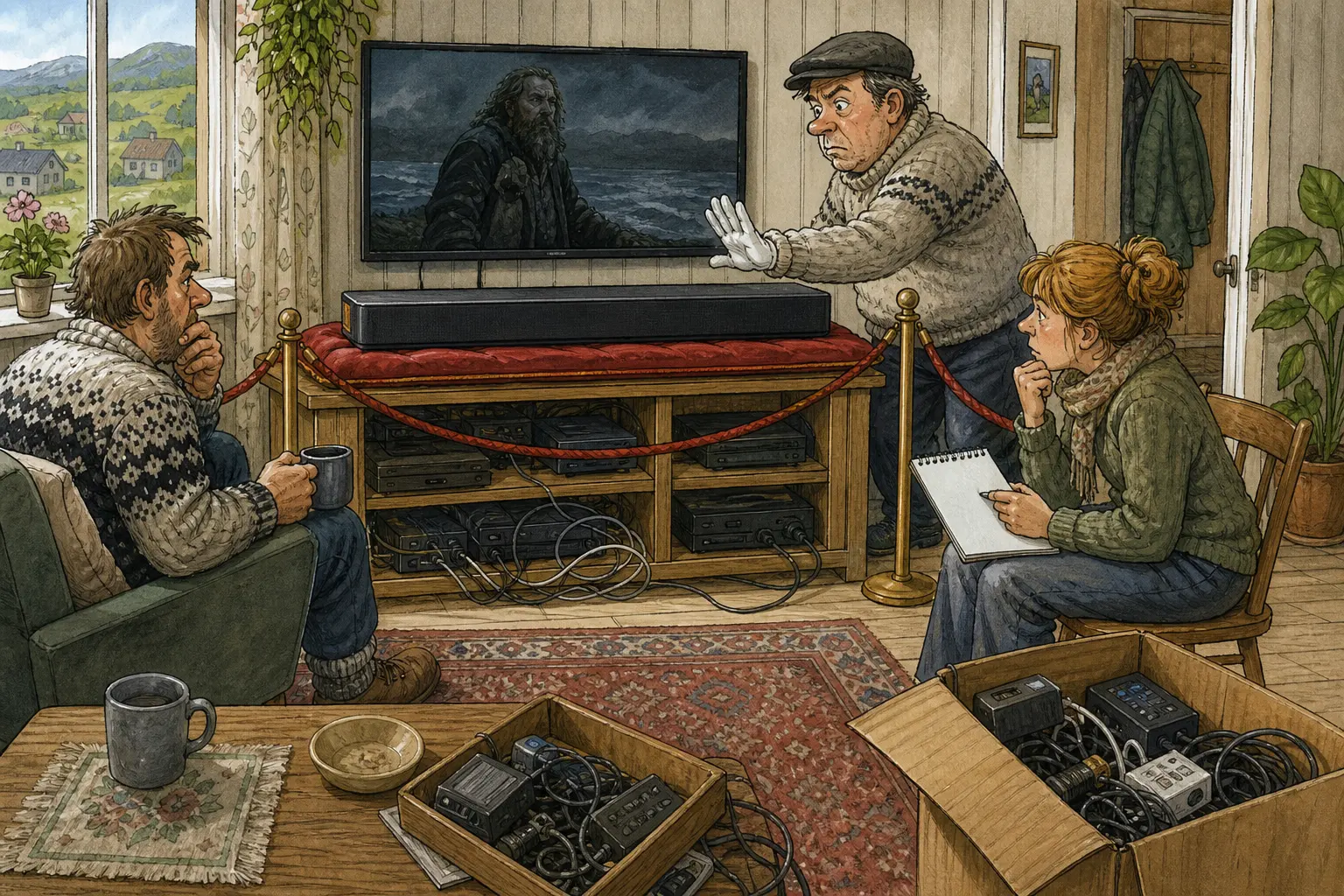 Tegnet hovedmotiv til saken Bose Lifestyle Ultra Soundbar får taleansvar i stua: Kildebasert testvurdering av Bose Lifestyle Ultra Soundbar: god dialog og pen én-boks-lyd for vanlige stuer, men ikke nødvendigvis for folk med mange bokser under TV-en. Motivet knytter saken til Bjarte Lunheim, Lufteluka ved Arkivtrappa og Rakel Nyborg.