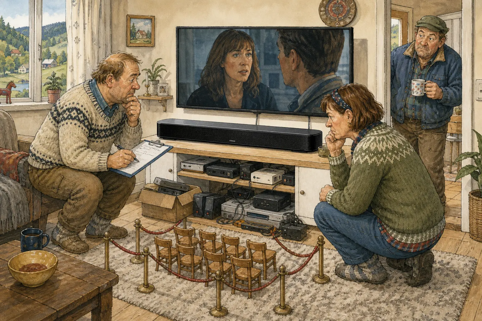 Tegnet støttemotiv til saken Bose Lifestyle Ultra Soundbar får taleansvar i stua: Kildebasert testvurdering av Bose Lifestyle Ultra Soundbar: god dialog og pen én-boks-lyd for vanlige stuer, men ikke nødvendigvis for folk med mange bokser under TV-en. Motivet knytter saken til Bjarte Lunheim, Lufteluka ved Arkivtrappa og Rakel Nyborg.