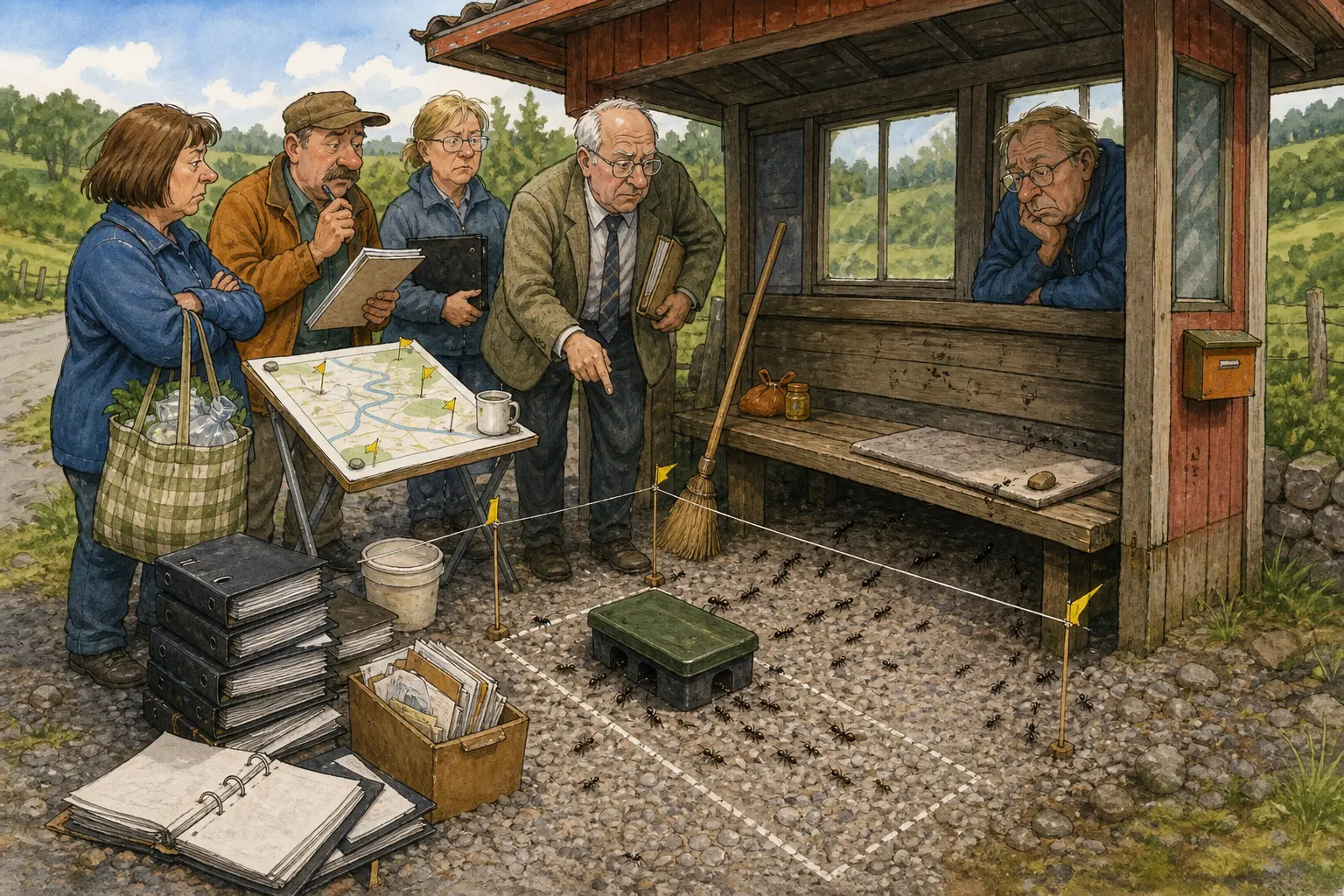 Tegnet hovedmotiv til saken Åteboks ved ventehuset ga mest ro i kommunen: Kommunens tredje strøing ved Klukkhølet Ventehus har foreløpig ikke flyttet maurtrafikken langt.