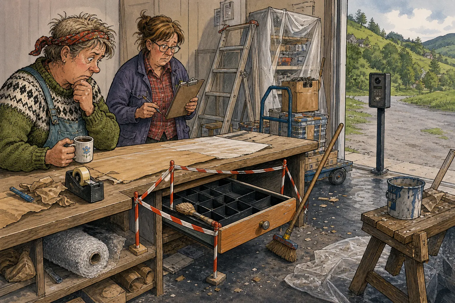 Tegnet hovedmotiv til saken Pakkebenk avslørte nattbesøk hos Trinnvis: Trinnvis Pakking & Retur oppdaget tirsdag morgen at noen hadde vært inne i lokalene om natta.