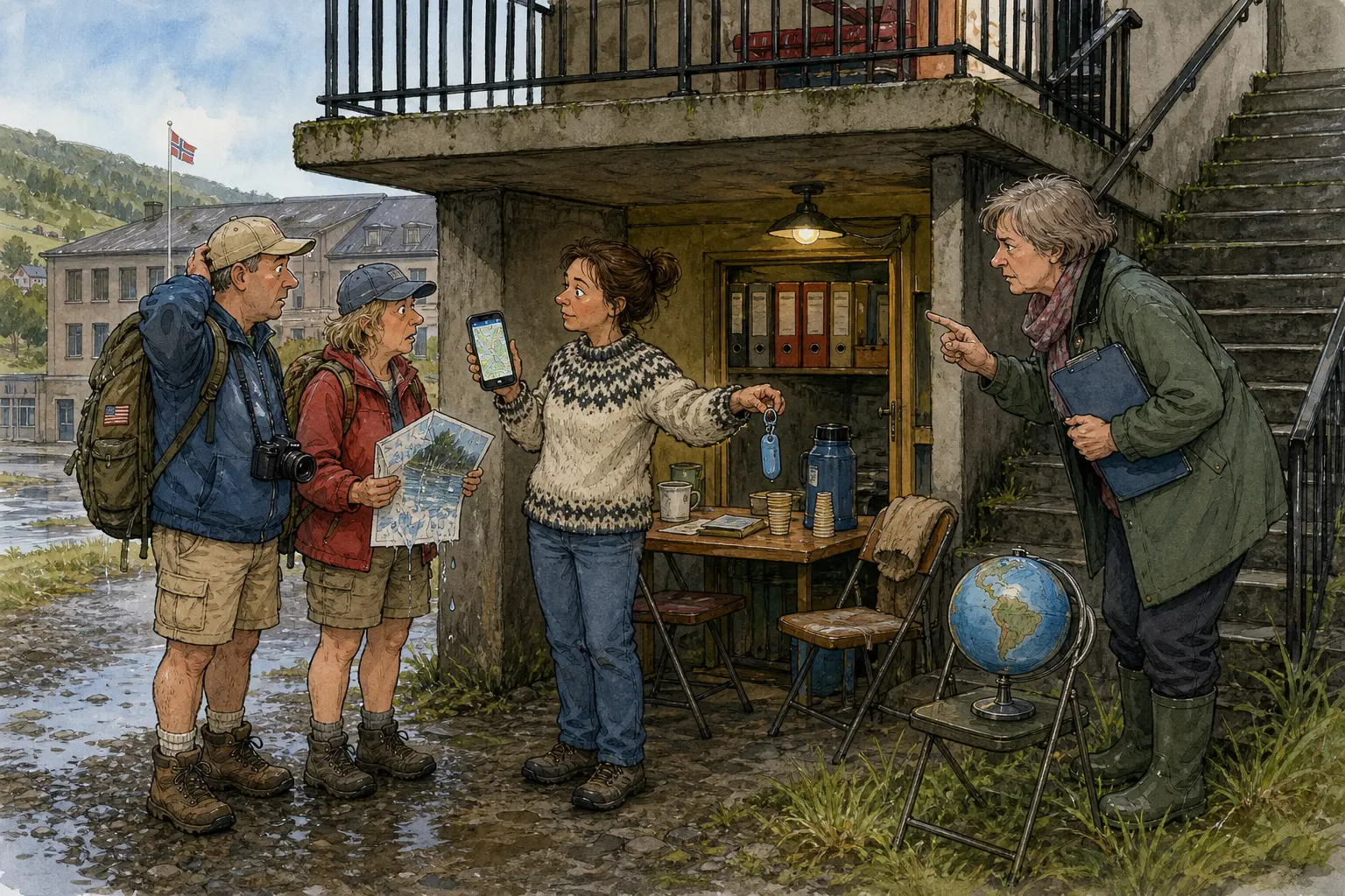 Tegnet hovedmotiv til saken Amerikanske campinggjester fant Arkivtrappa først: Rakel Stubbmoen tok ansvar med mobilkart og campingnøkkel, men Liv Gerhardsen vil ha takknemlighet dosert riktig neste gang.
