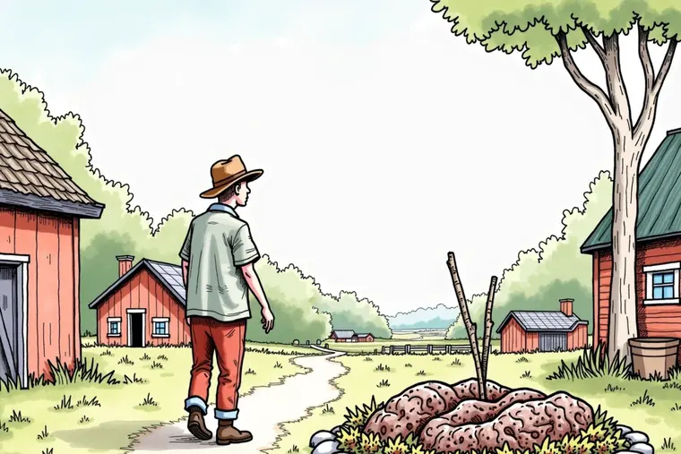Illustrasjon til Almanakk og hendelse om Fredag 31. juli: Bakomberg gikk i kø bak én tralle: Siste julifredag åpnet med lunk fra bibliotekveggen, lavt skydekke over ferjeleiet og en uvanlig høy tetthet av folk som «bare skulle forbi».