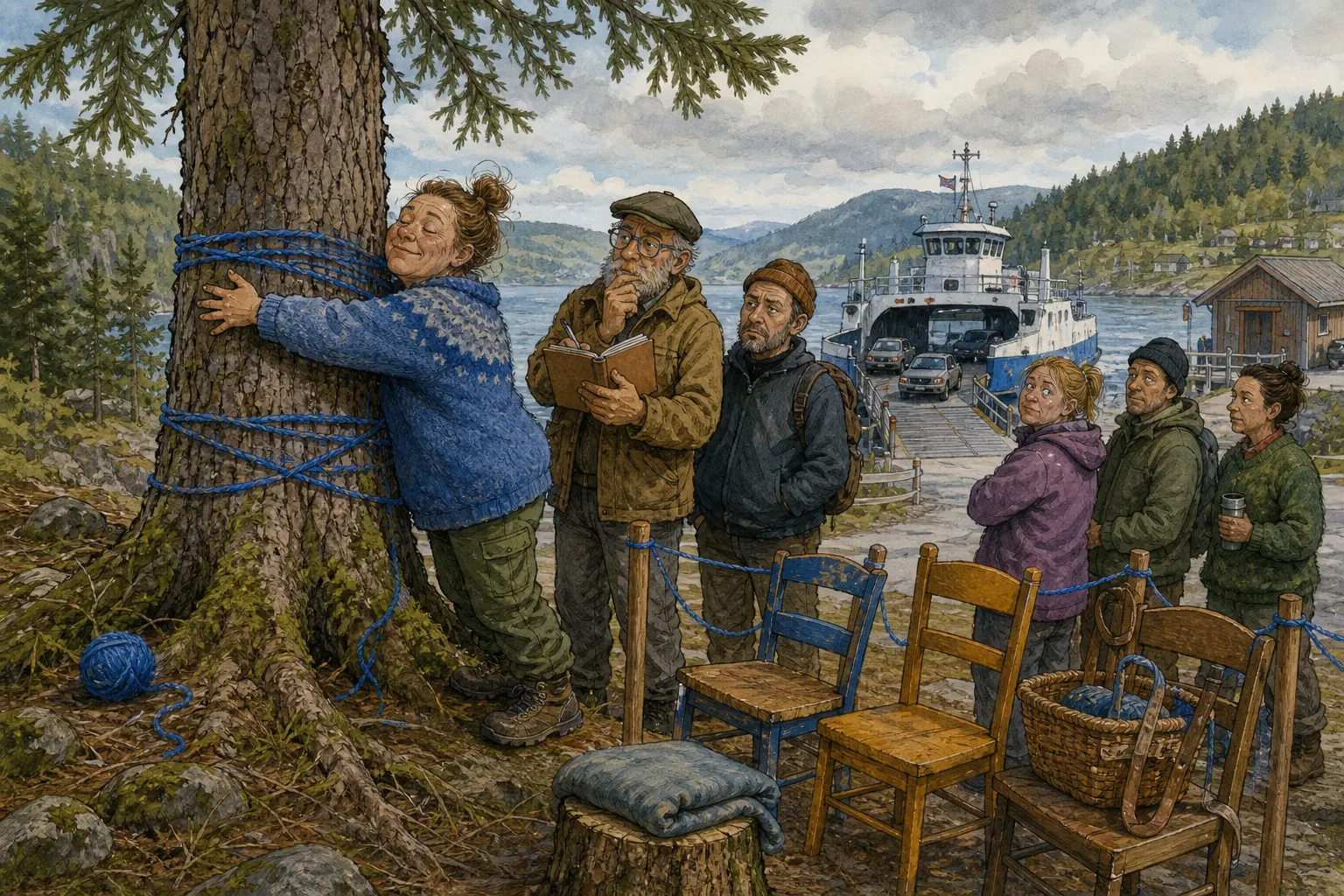 Tegnet hovedmotiv til saken Blått ullgarn markerer første klemmetre ved Klemmehella: Ei ru gran med blått ullgarn er første stopp i Mios nye treklemmingsrunde ved Klemmehella. Motivet knytter saken til Aslak Vassmo, Klemmehella under avviksskiltet og Mio Bråtaker.