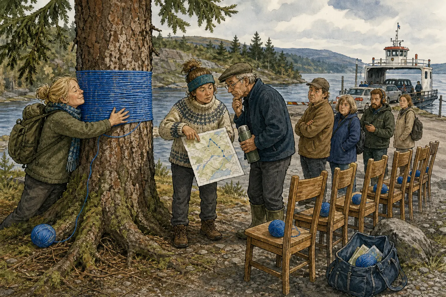 Tegnet støttemotiv til saken Blått ullgarn markerer første klemmetre ved Klemmehella: Ei ru gran med blått ullgarn er første stopp i Mios nye treklemmingsrunde ved Klemmehella. Motivet knytter saken til Aslak Vassmo, Klemmehella under avviksskiltet og Mio Bråtaker.
