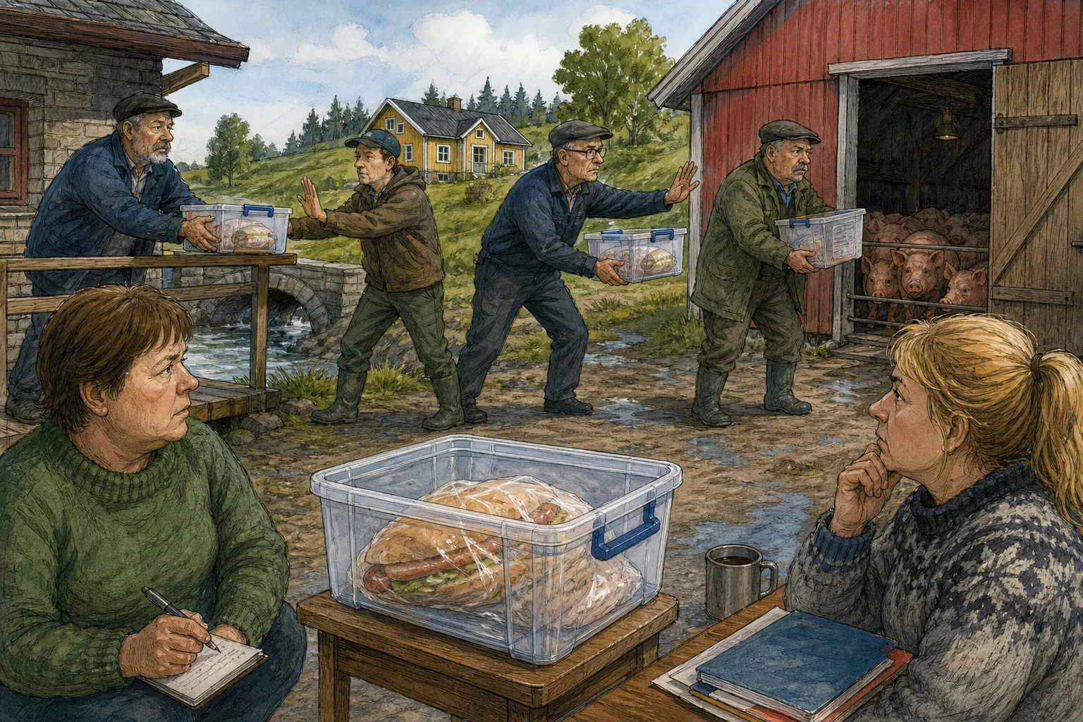 Tegnet støttemotiv til saken Korvmacka havnet ved grisehuset etter svensk beredskapsrunde: Ei innpakket korvmacka i plastkasse ble onsdag formiddag flyttet fra Gamle Melkebrua til Skurum Skift & Småreparasjon og videre mot fôrprøvene.