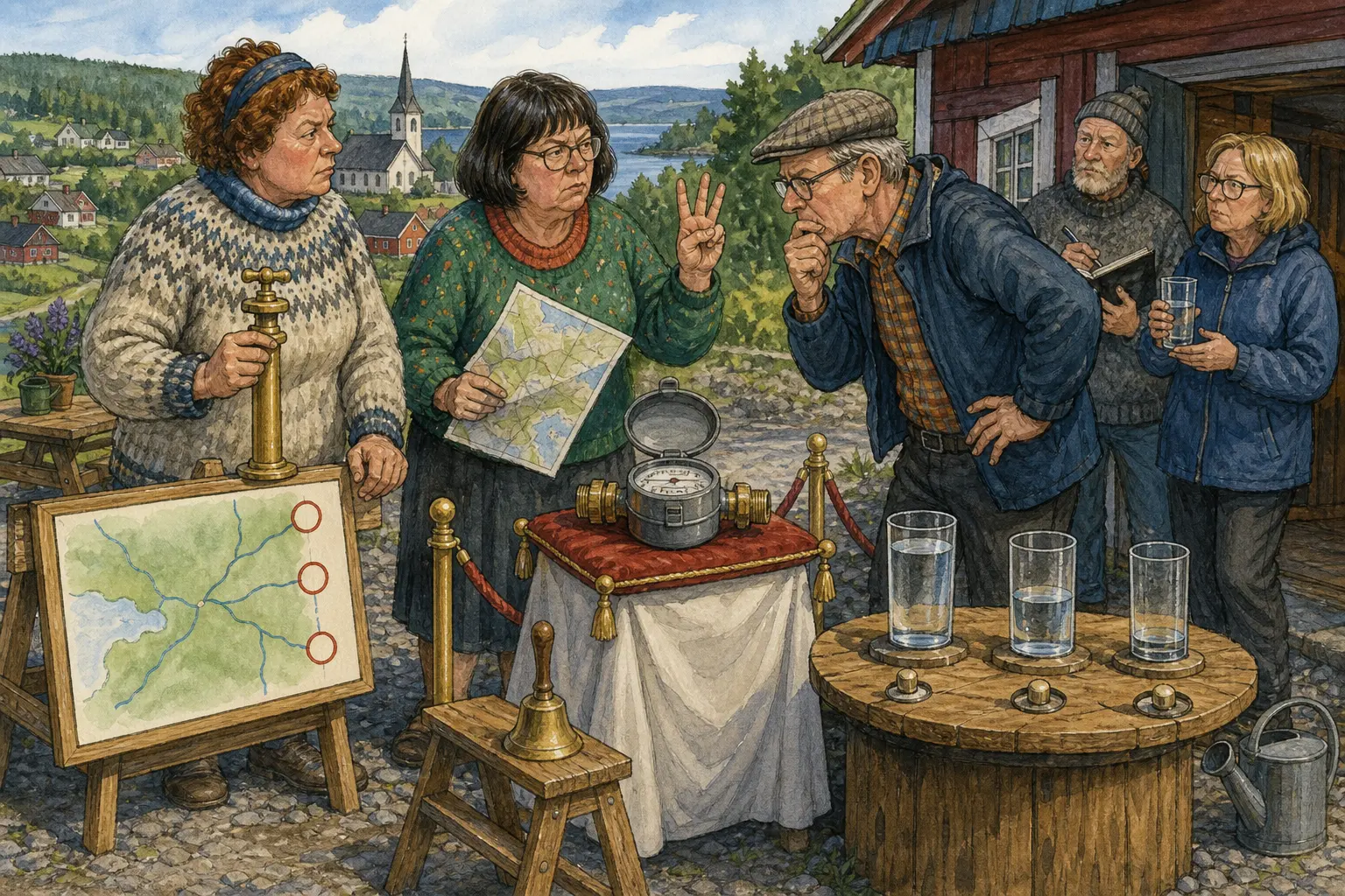 Tegnet støttemotiv til saken Vannmåler gjorde tørste dyrere i Bakomberg: Billig vatn kan itte lenger tas for gitt, mener Bakomberg Hverdagsberedskapslag etter svensk inspirasjon. Motivet knytter saken til Ragna Mildrid Sætermo, Gudrun Kjelsvik og Vater & Vrang AS.