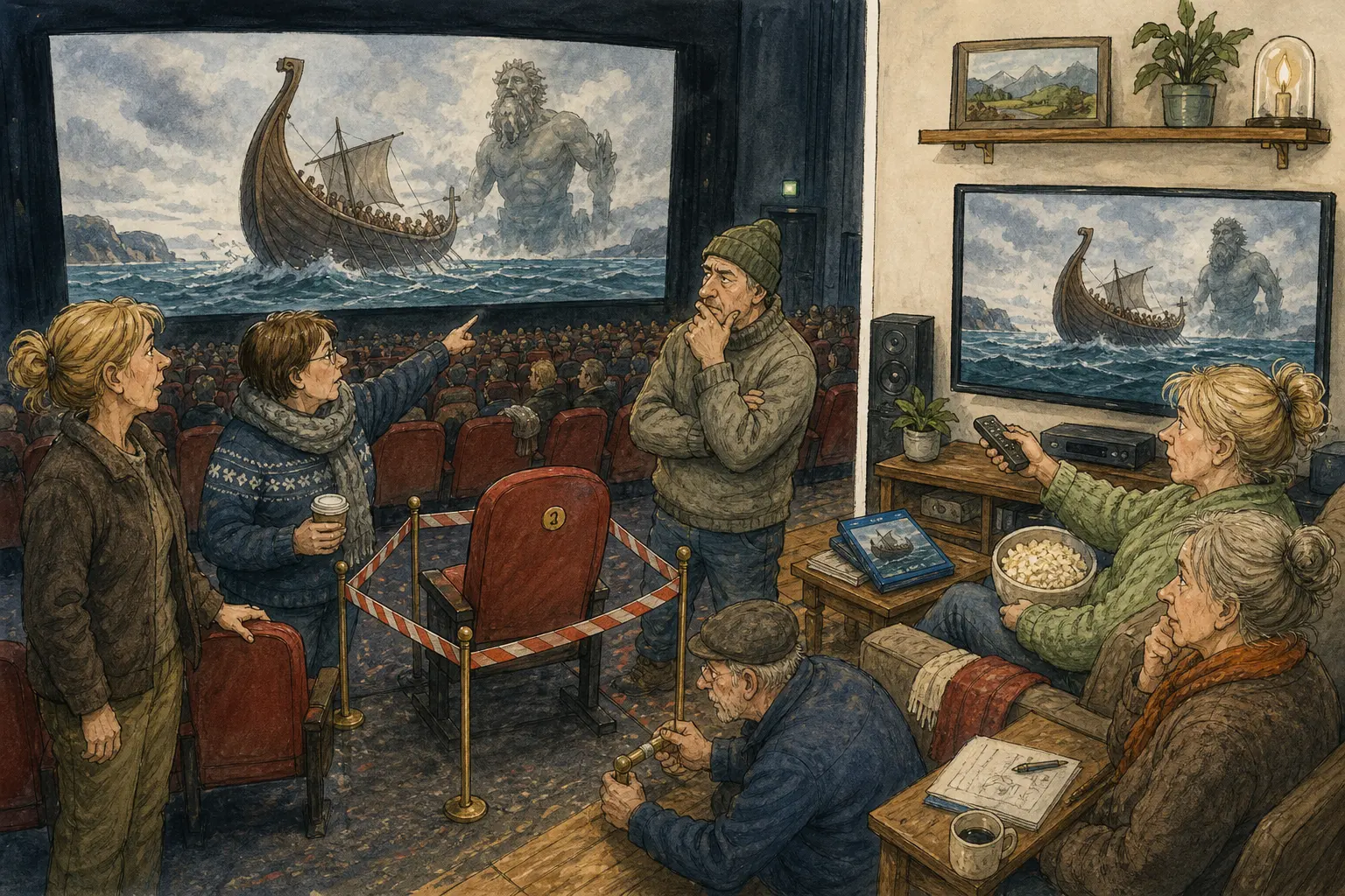 Tegnet hovedmotiv til saken «The Odyssey» i 15/70 IMAX: Rad F vart nakkesak: Kildebasert visningsråd om sjelden IMAX-billett, radvalg og om 4K Blu-ray kan være et fornuftig alternativ når storfilmen skal inn i ei vanlig stue. Motivet knytter saken til Ivarine Ljosdal, Lufteluka ved Arkivtrappa og Margot Kleven.