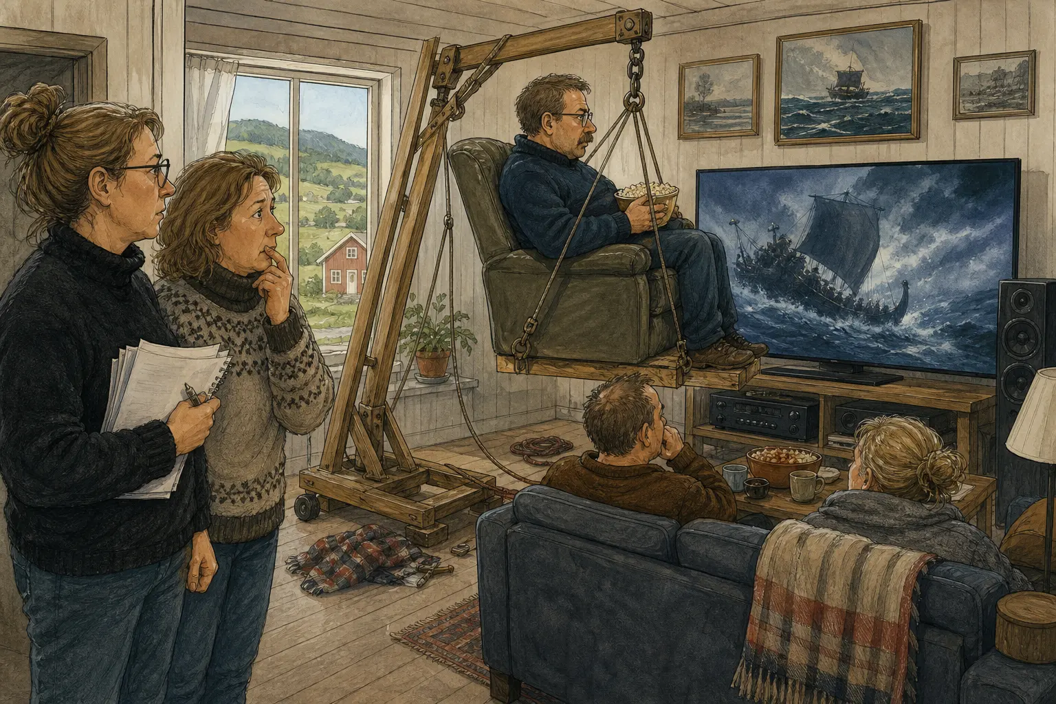 Tegnet støttemotiv til saken «The Odyssey» i 15/70 IMAX: Rad F vart nakkesak: Kildebasert visningsråd om sjelden IMAX-billett, radvalg og om 4K Blu-ray kan være et fornuftig alternativ når storfilmen skal inn i ei vanlig stue. Motivet knytter saken til Ivarine Ljosdal, Lufteluka ved Arkivtrappa og Margot Kleven.
