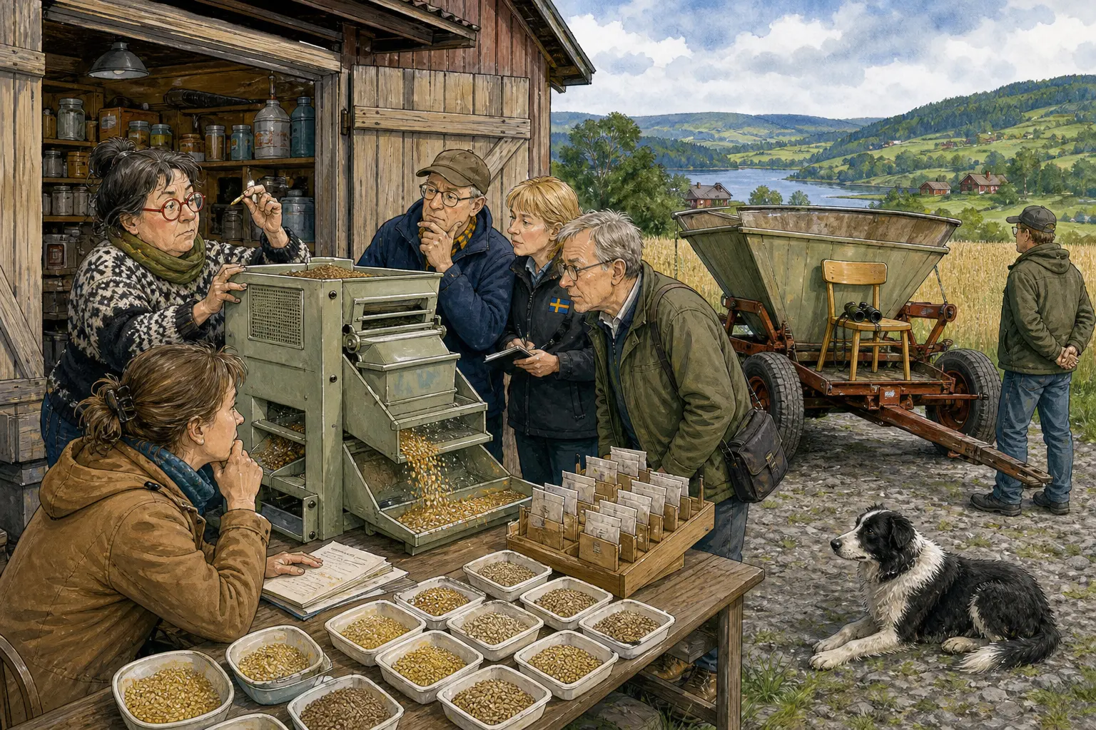 Tegnet hovedmotiv til saken Såkornrenser satte bygg på vent: Ved Mellomromsmagasinet vart såkorn sortert etter beslutningsmodenhet, mens gjødselsprederen sto tom og fikk observatørrolle te neste år. Motivet knytter saken til Torhild «Sirkelen» Kvassheim, Mellomromsmagasinet ved Brustadbakken og Klukkhølet Ventehus.