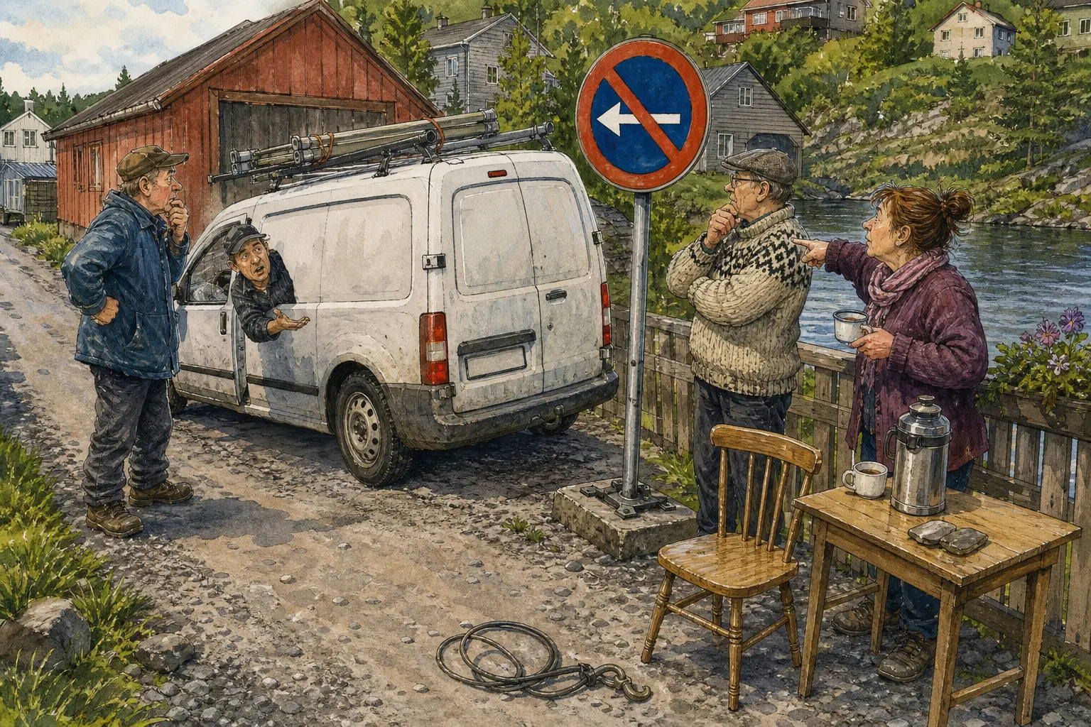 Tegnet hovedmotiv til saken Parkeringsskilt stengte siste rygging ved Kaffediket: Beboerparkeringsskiltet skulle få færre biler inn i baksona. Motivet knytter saken til Askel Humlebrekk, Kaffediket bak Brøytegarasjen og Omvei Vikar & Vedlikehold.