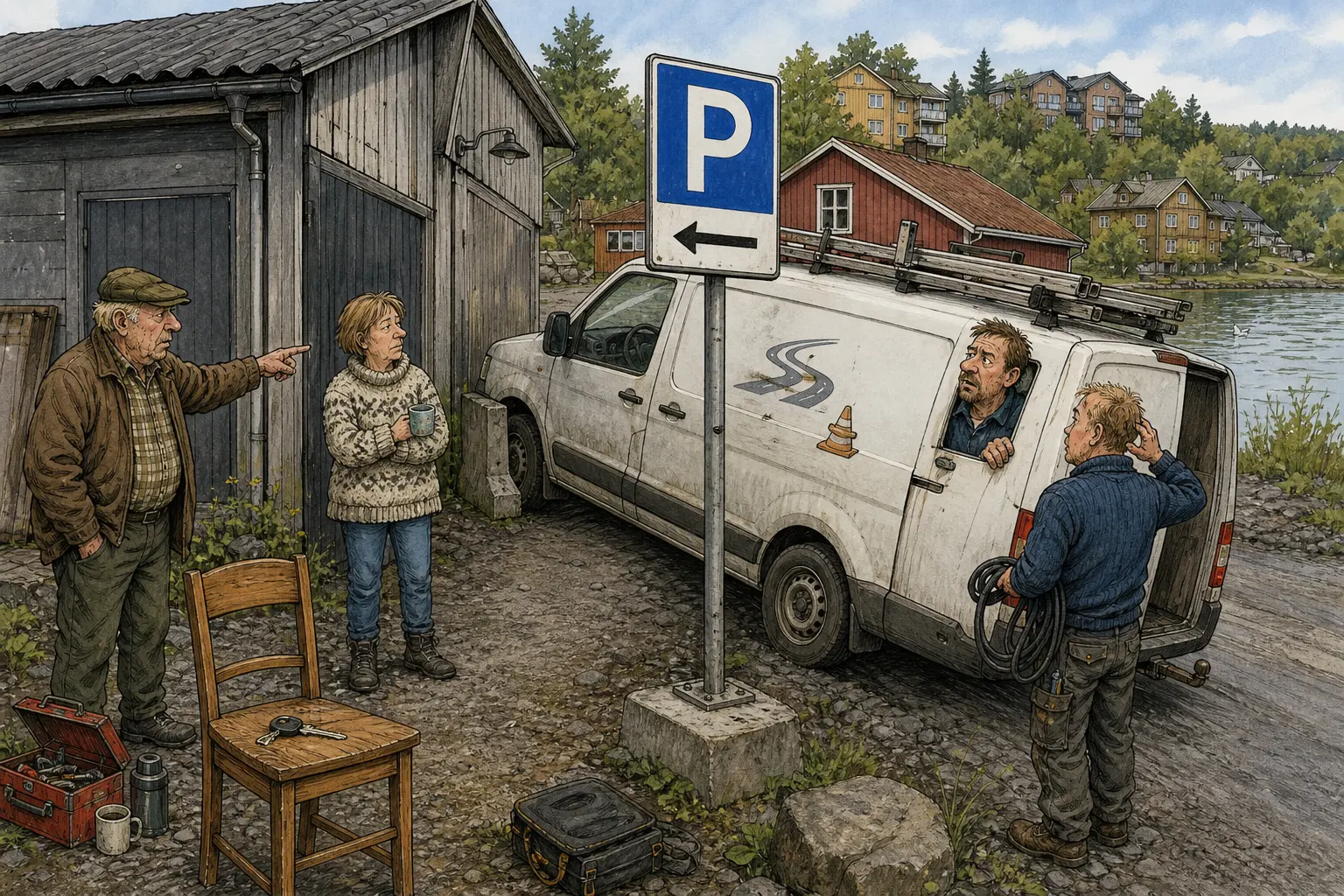Tegnet støttemotiv til saken Parkeringsskilt stengte siste rygging ved Kaffediket: Beboerparkeringsskiltet skulle få færre biler inn i baksona. Motivet knytter saken til Askel Humlebrekk, Kaffediket bak Brøytegarasjen og Omvei Vikar & Vedlikehold.