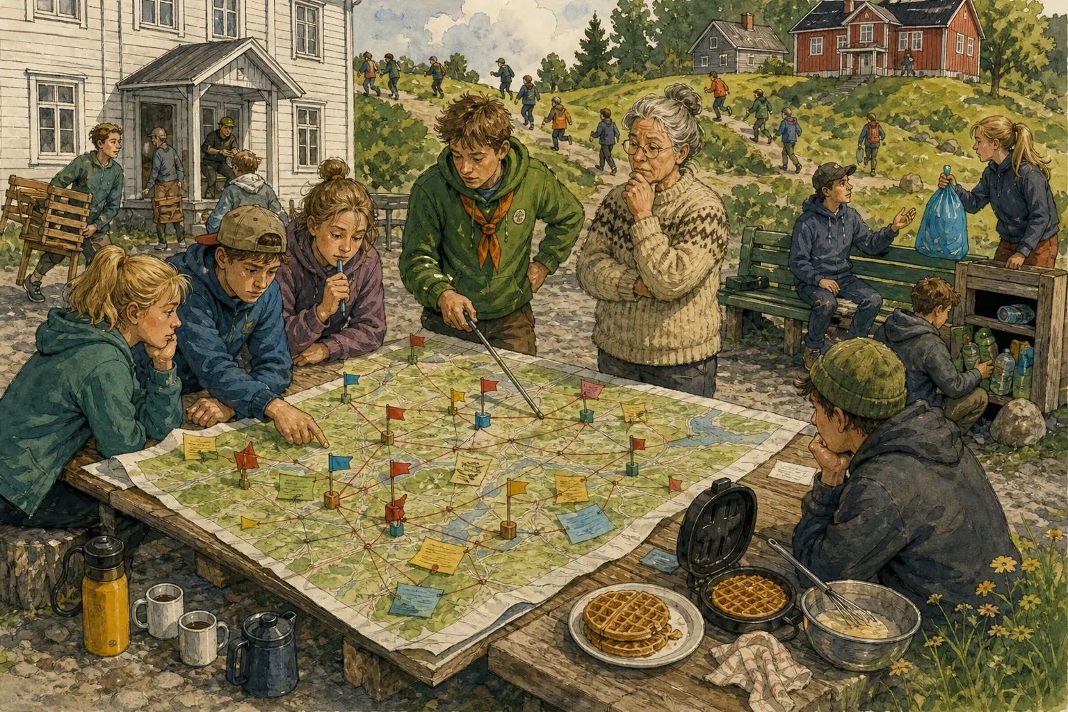 Tegnet støttemotiv til saken Kartmappa gjør hele Bakomberg til leirplass: Når helgas ungdomsleir vil bruke hele Bakomberg som arena, blir grendehus, snarveier, vaffelberedskap og Returbenken del av programmet. Motivet knytter saken til Ragna Kvilemoen, Returbenken bak Herredshuset og Bakomberg Hjelpekorps for Nestenulykker.