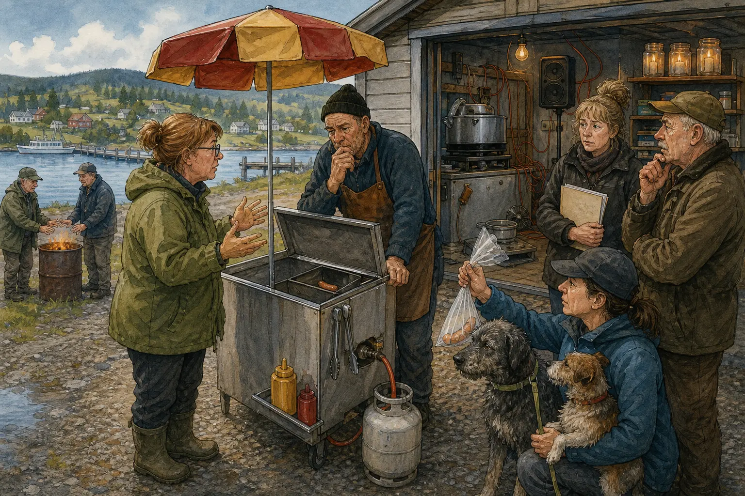 Tegnet hovedmotiv til saken Dampgløttet kan miste pølsestasjon etter underskudd: Solveig Heggvold mener grusstripa fortsatt må tåle folk som bare varmer hender, mens Hundelaget ber om varsel hvis lukta fløttes. Motivet knytter saken til Mellomromsmagasinet ved Brustadbakken, Dampgløttet bak Vaskeribygget og Bakomberg Hundelag for Korte Avstander.