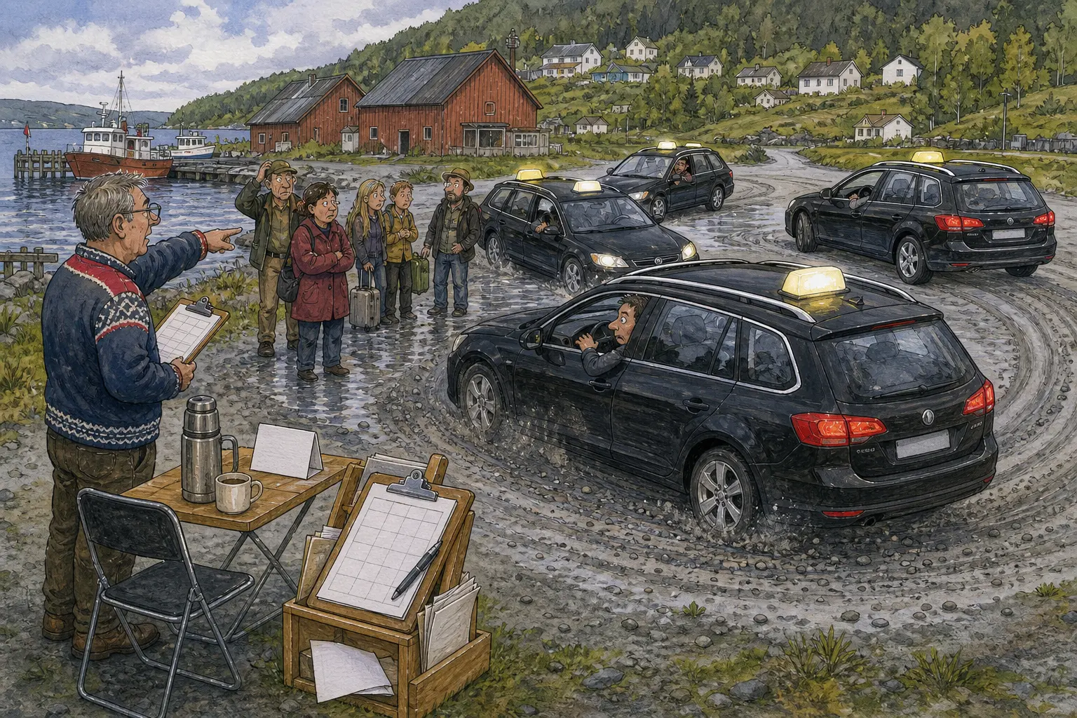 Tegnet hovedmotiv til saken Taklyset skapte ny drosjeuro ved Nedre Bommen: Et tent taklys og flere uklare snuoperasjoner har gjort drosjeferdselen ved Gruslomma til sak for Bakomberg Hjelpekorps for Nestenulykker.