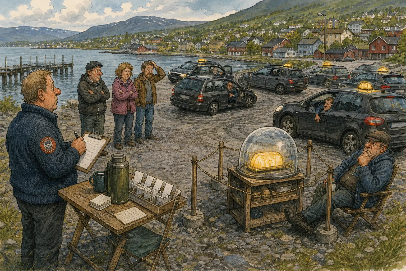 Tegnet støttemotiv til saken Taklyset skapte ny drosjeuro ved Nedre Bommen: Et tent taklys og flere uklare snuoperasjoner har gjort drosjeferdselen ved Gruslomma til sak for Bakomberg Hjelpekorps for Nestenulykker.