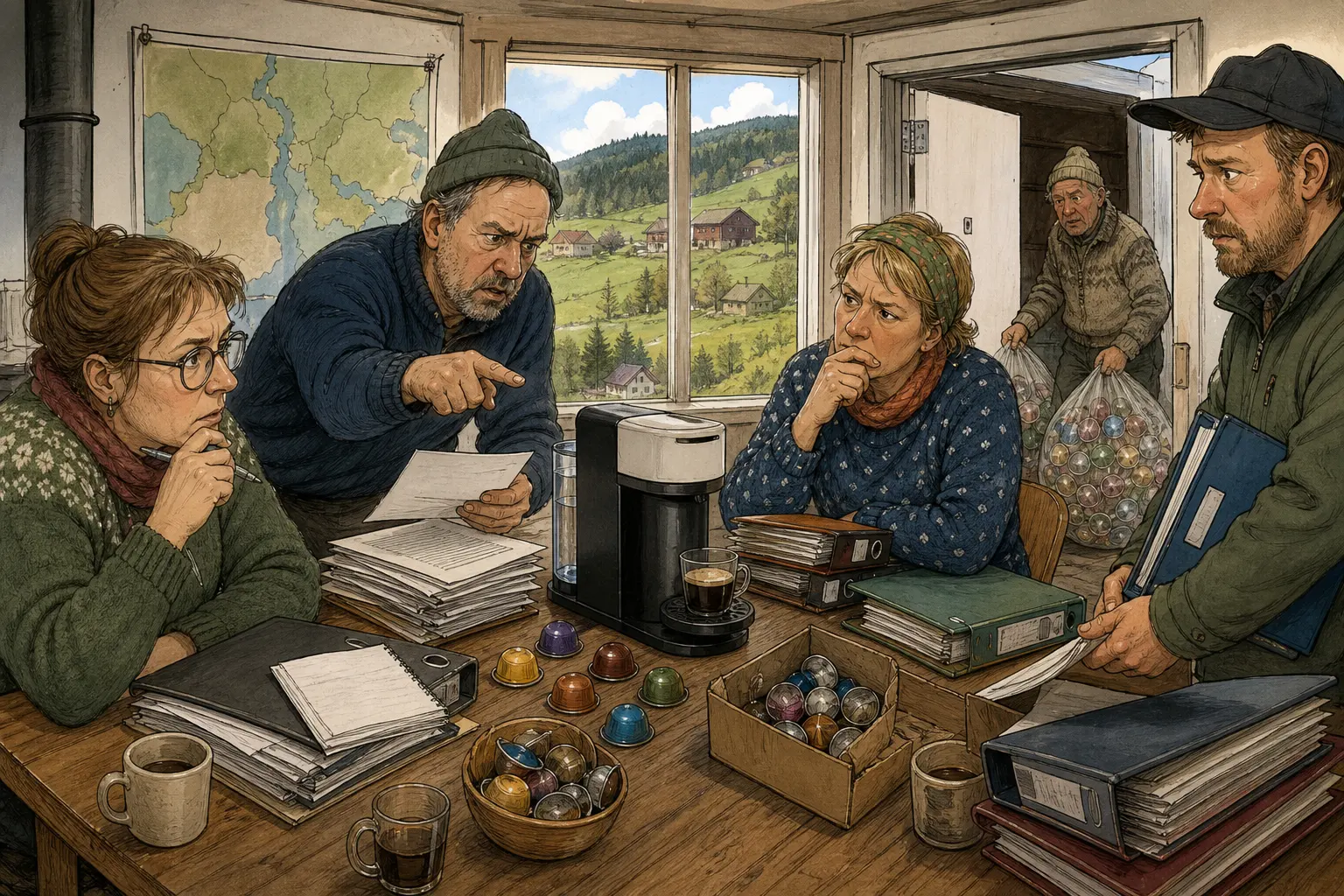 Tegnet hovedmotiv til saken Nespresso Vertuo Up møter kapselansvaret: Trusted Reviews roser Nespresso Vertuo Up for kompakt design, enkel kapselbruk, tre sekunders oppvarming og god kaffe. Motivet knytter saken til Mildrid Klyvnes, Aslak Vassmo og Kaffekroken ved Pumpehuset.
