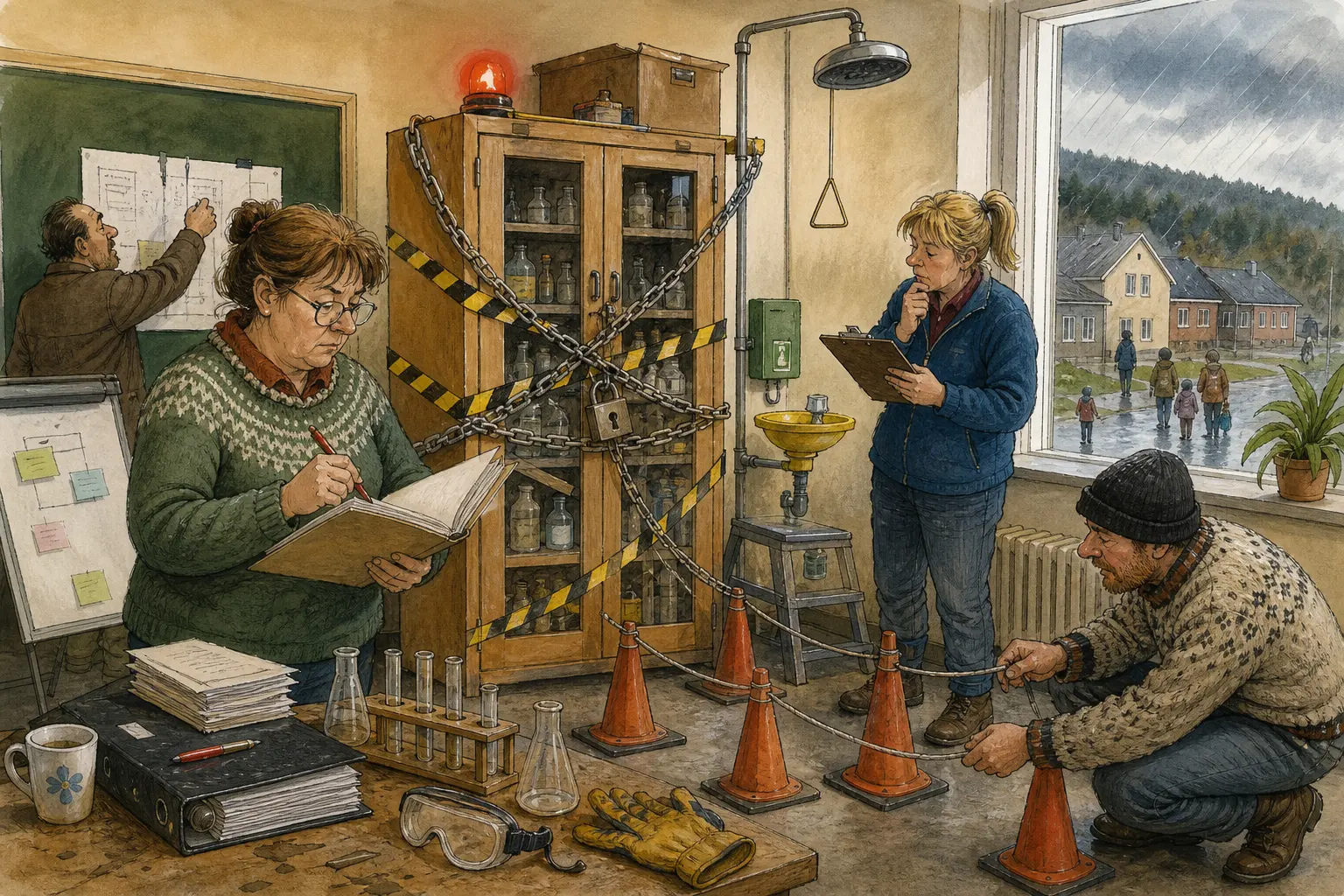 Tegnet hovedmotiv til saken Naturfagsvikar utlevert: kjemiskapet mangler voksen: Saken rundt den tidligere vikaren har gitt Bakomberg skole en praktisk beredskap ingen hadde laminert. Motivet knytter saken til Speilvendt Suppebar & Nøkkelservice, Torunn Mjelde og Kaffekroken ved Pumpehuset.