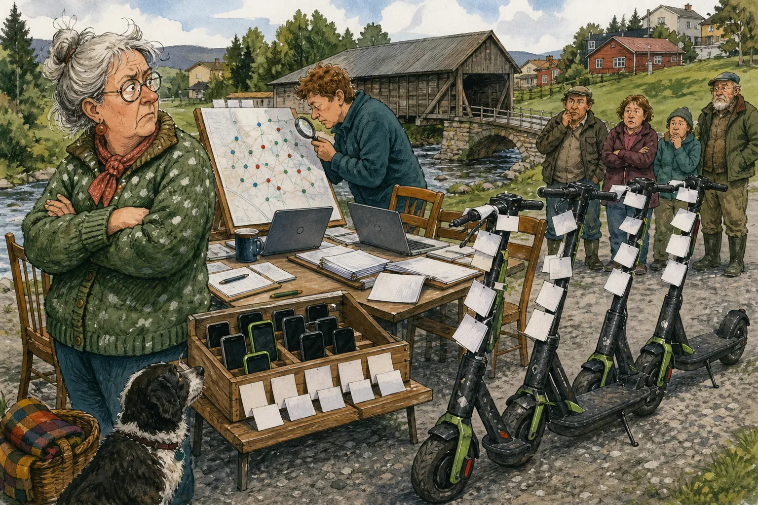 Tegnet støttemotiv til saken Oddrun måtte logge ut av tre sparketurer hu itte tok: Et datainnbrudd i den lokale sparkesykkel-appen har gjort passordbytte til sentrumstiltak. Motivet knytter saken til Gamle Melkebrua ved Svingstadbekken, Bakomberg Hundeklubb for Stille Kommandoer og Følgefeil Kontroll & Etterpakking.