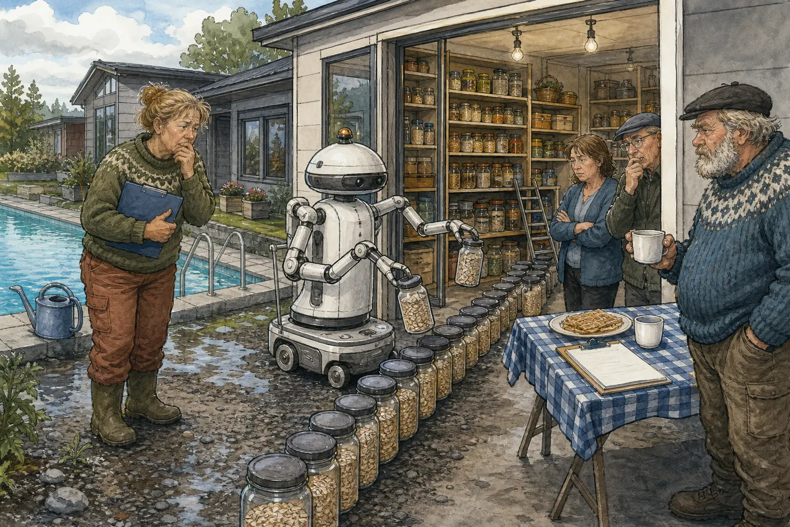 Tegnet hovedmotiv til saken Husholdsrobot sorterte havregryn etter sosial brukstid: Vater & Vrang AS satte opp basseng, walk-in-skafferi og robot for å vise mindre husarbeid.