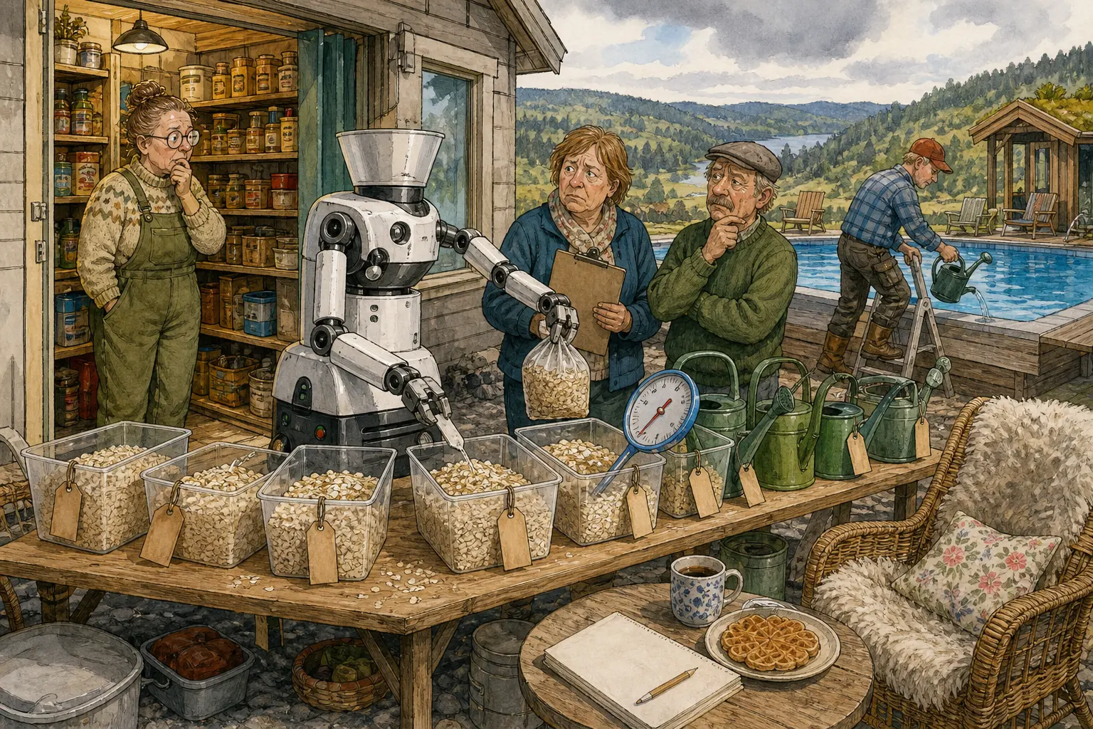 Tegnet støttemotiv til saken Husholdsrobot sorterte havregryn etter sosial brukstid: Vater & Vrang AS satte opp basseng, walk-in-skafferi og robot for å vise mindre husarbeid.